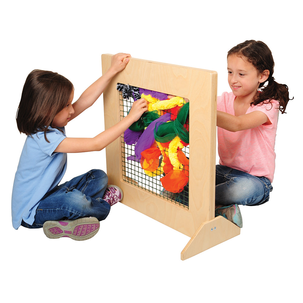 Two Kids Engaging with Classroom Weaving Frame Using Scarves