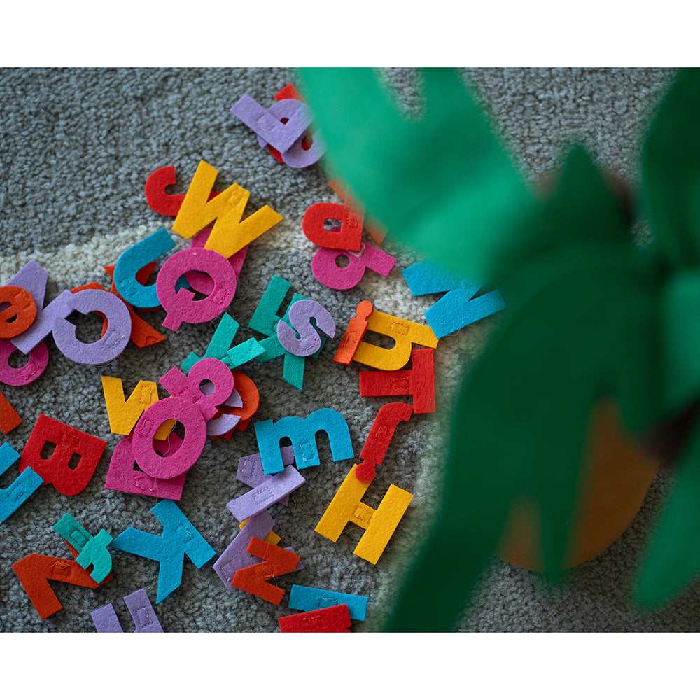 Close-up of fabric letters from Chicka Chicka Boom Boom series