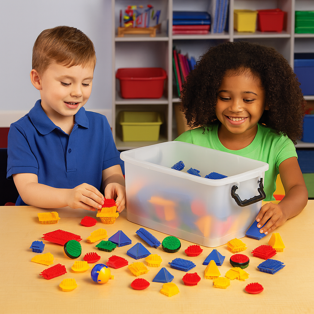 Two children playing with colorful building blocks in a classroom setting.