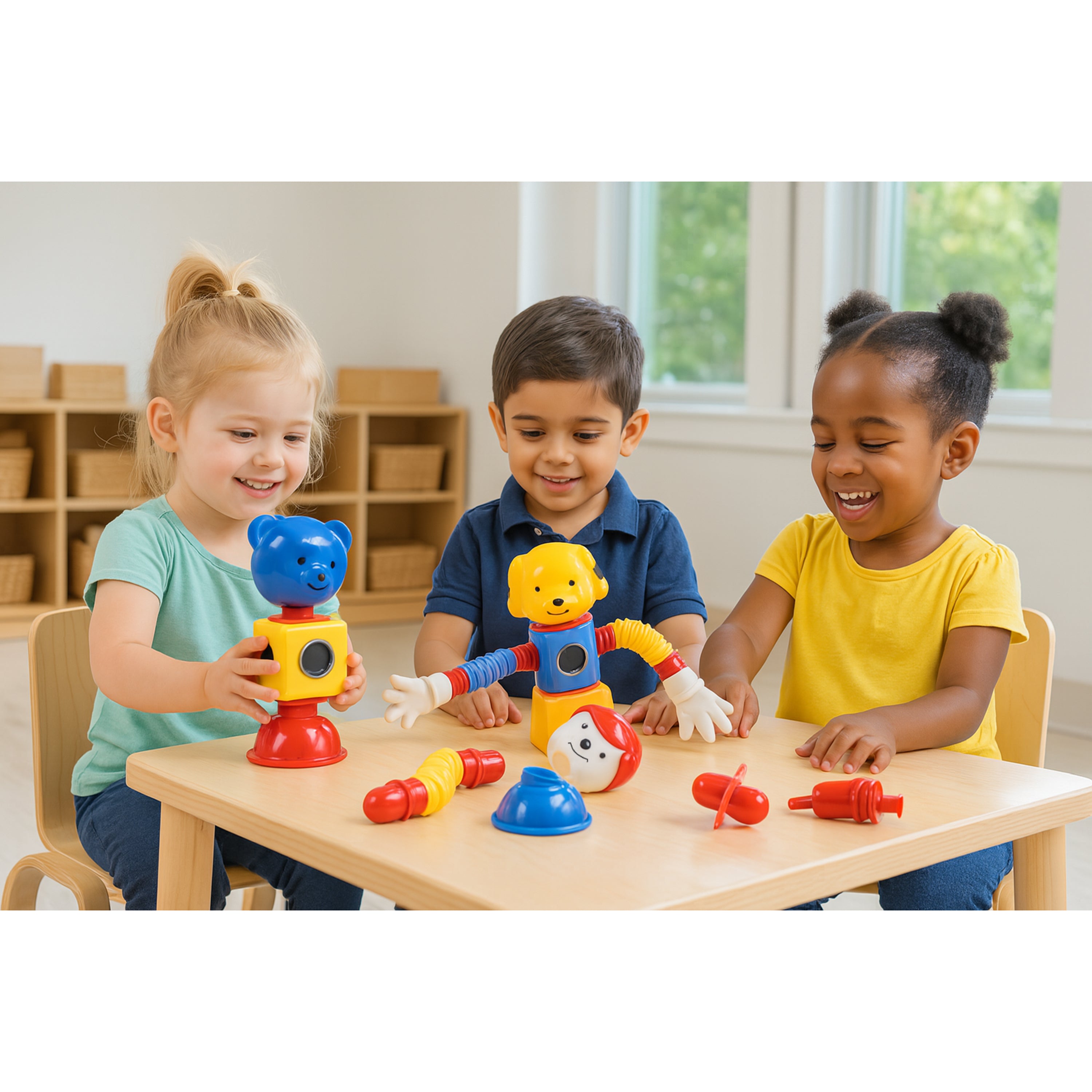 Three children playing with colorful toys at a table in a classroom setting.