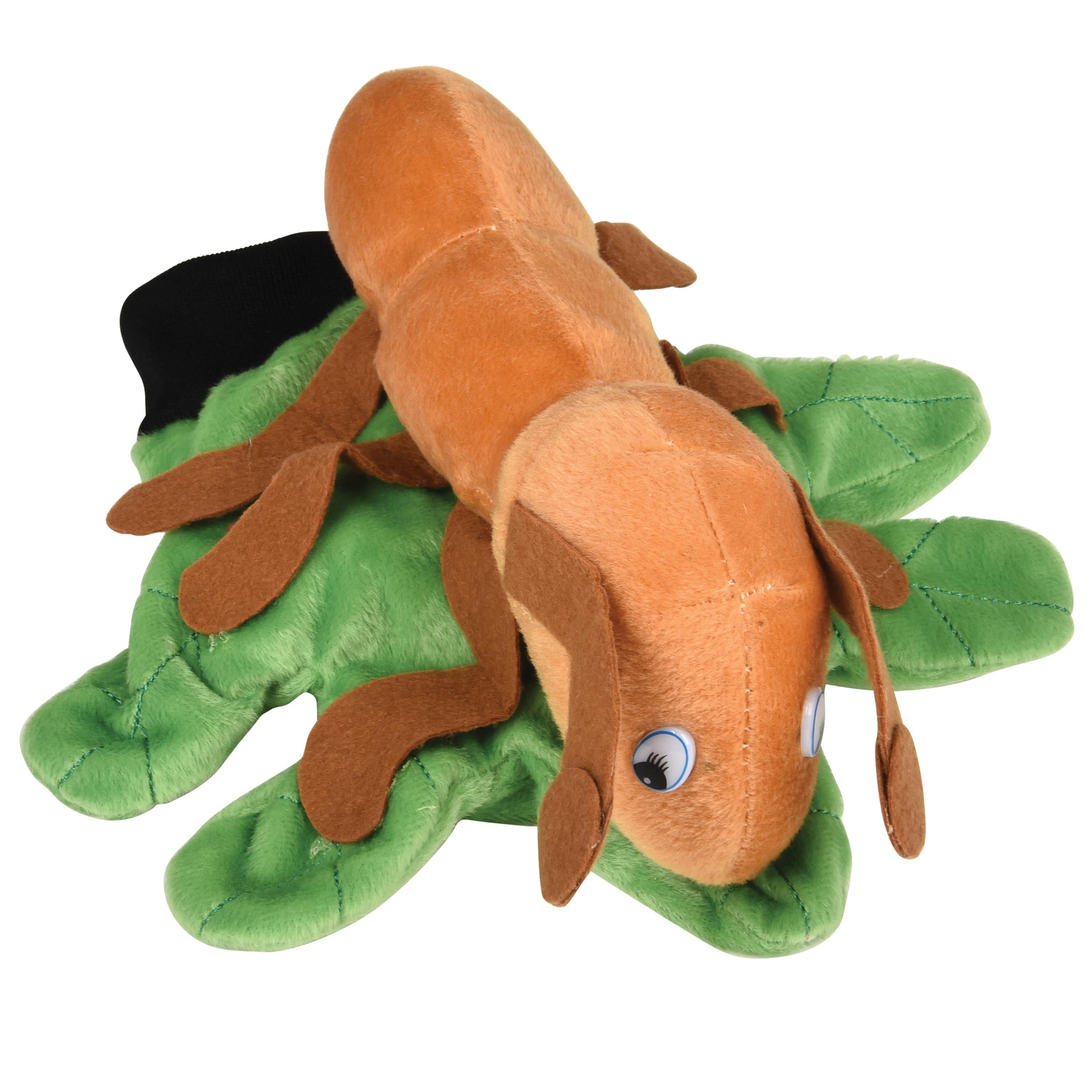 Plush toy of brown ant with green leaf on a white background