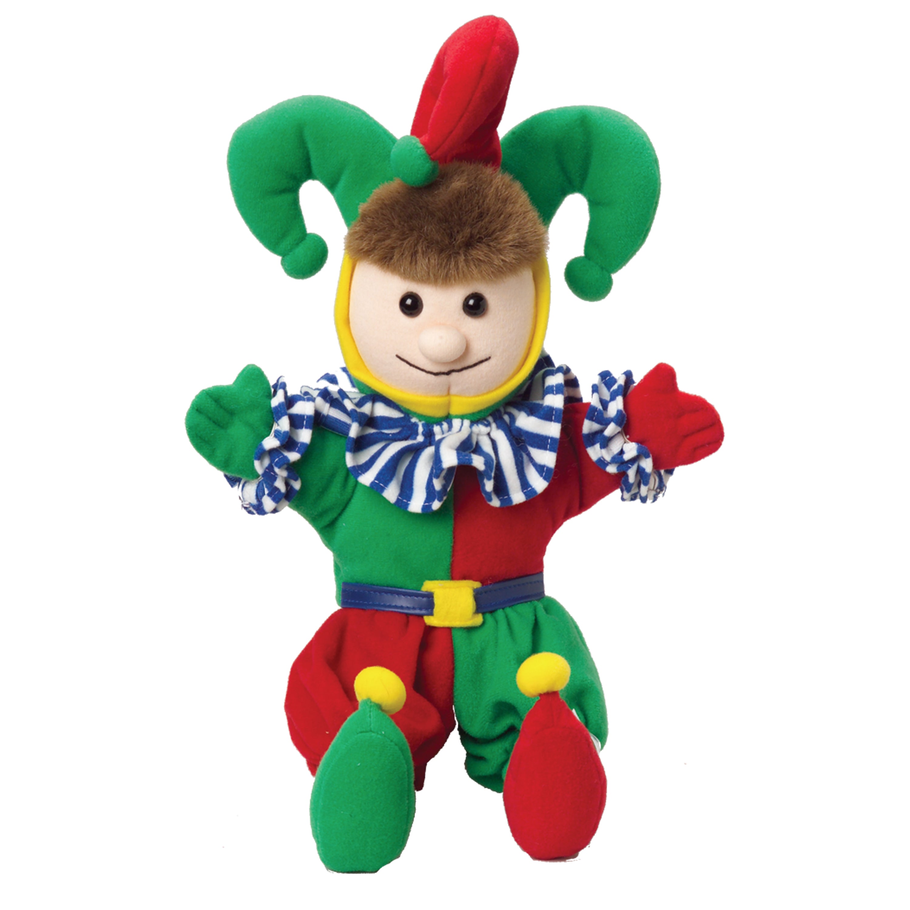 Plush toy jester character with a red hat and green pants on a white background