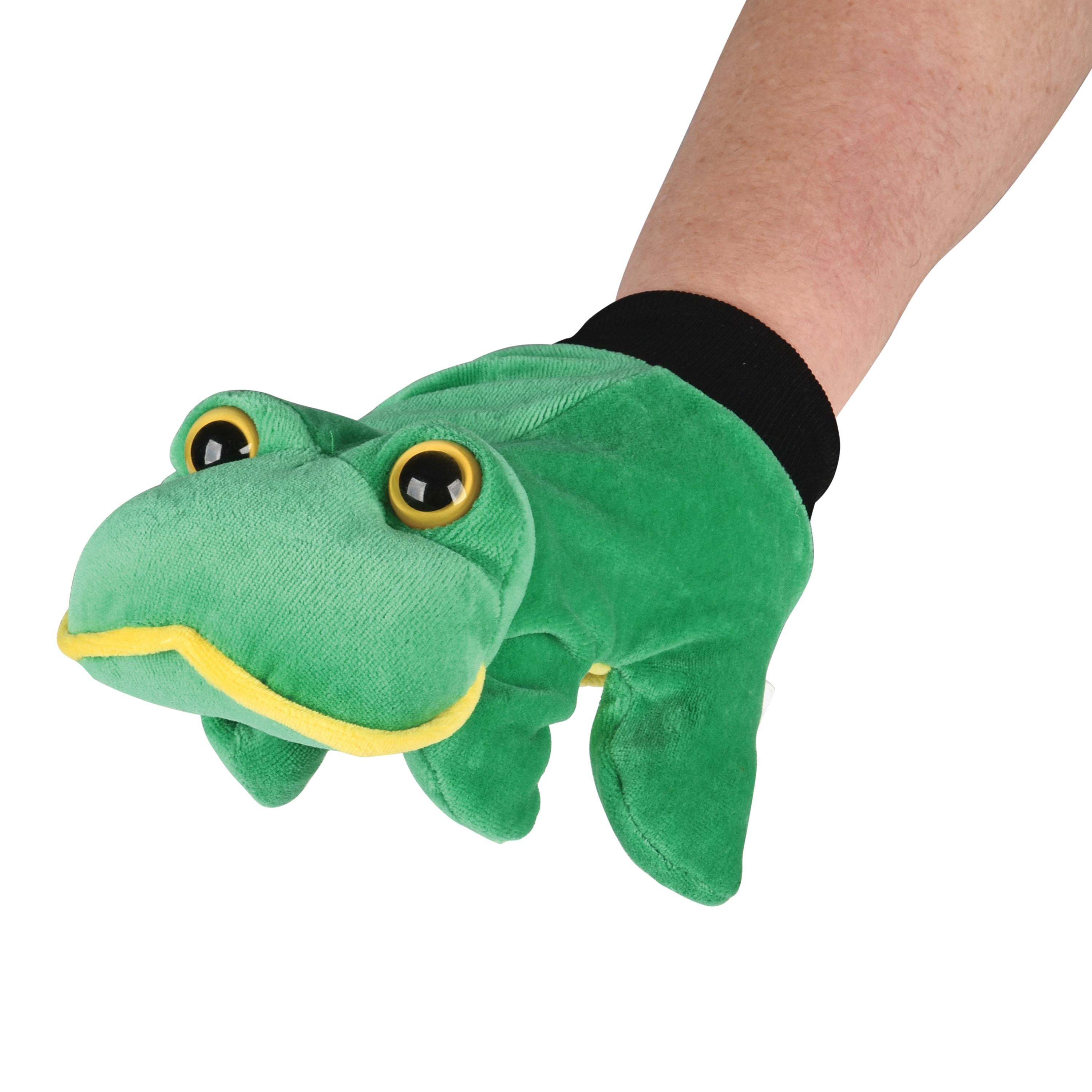 Green frog-shaped glove on a white background