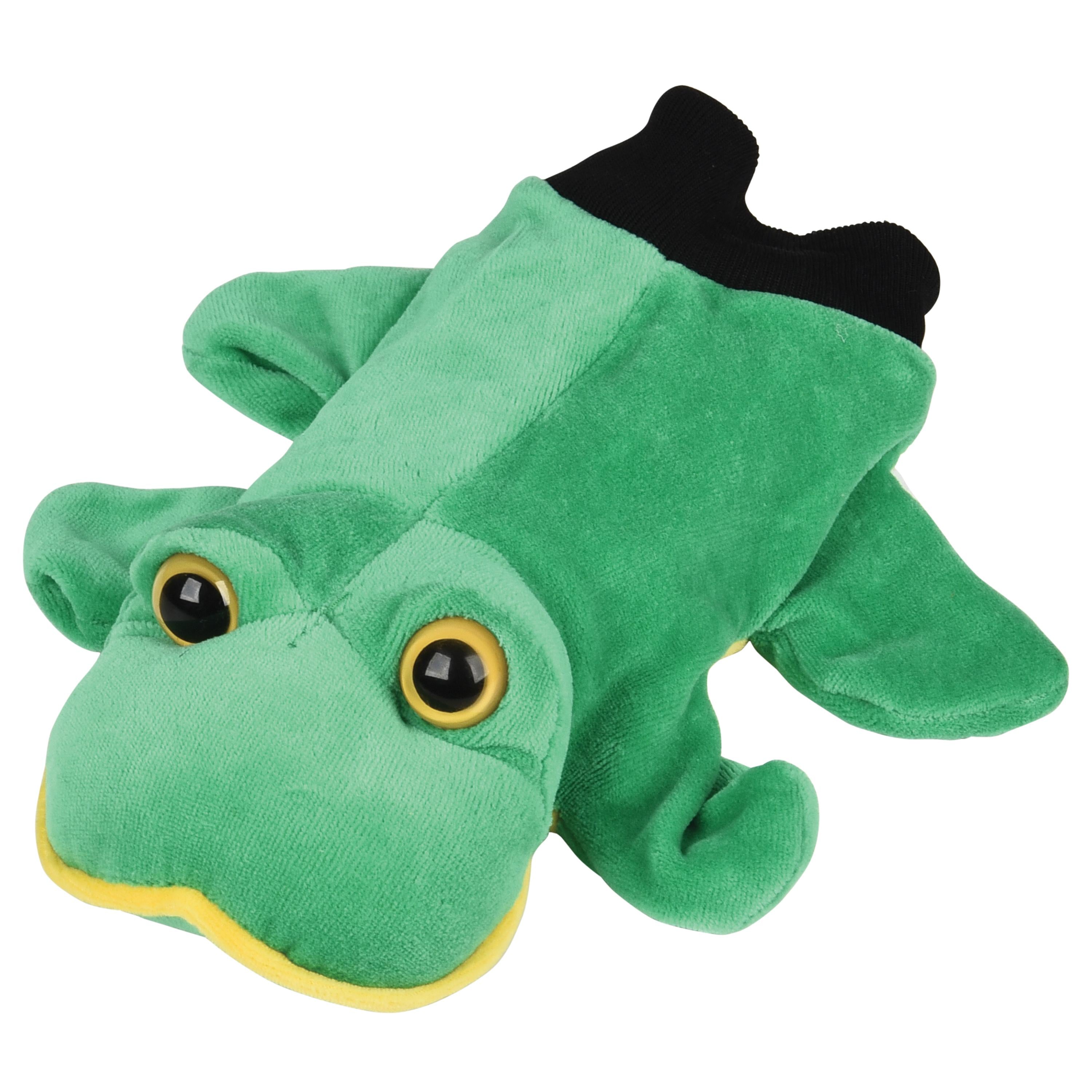 Green plush toy resembling a frog on a white background