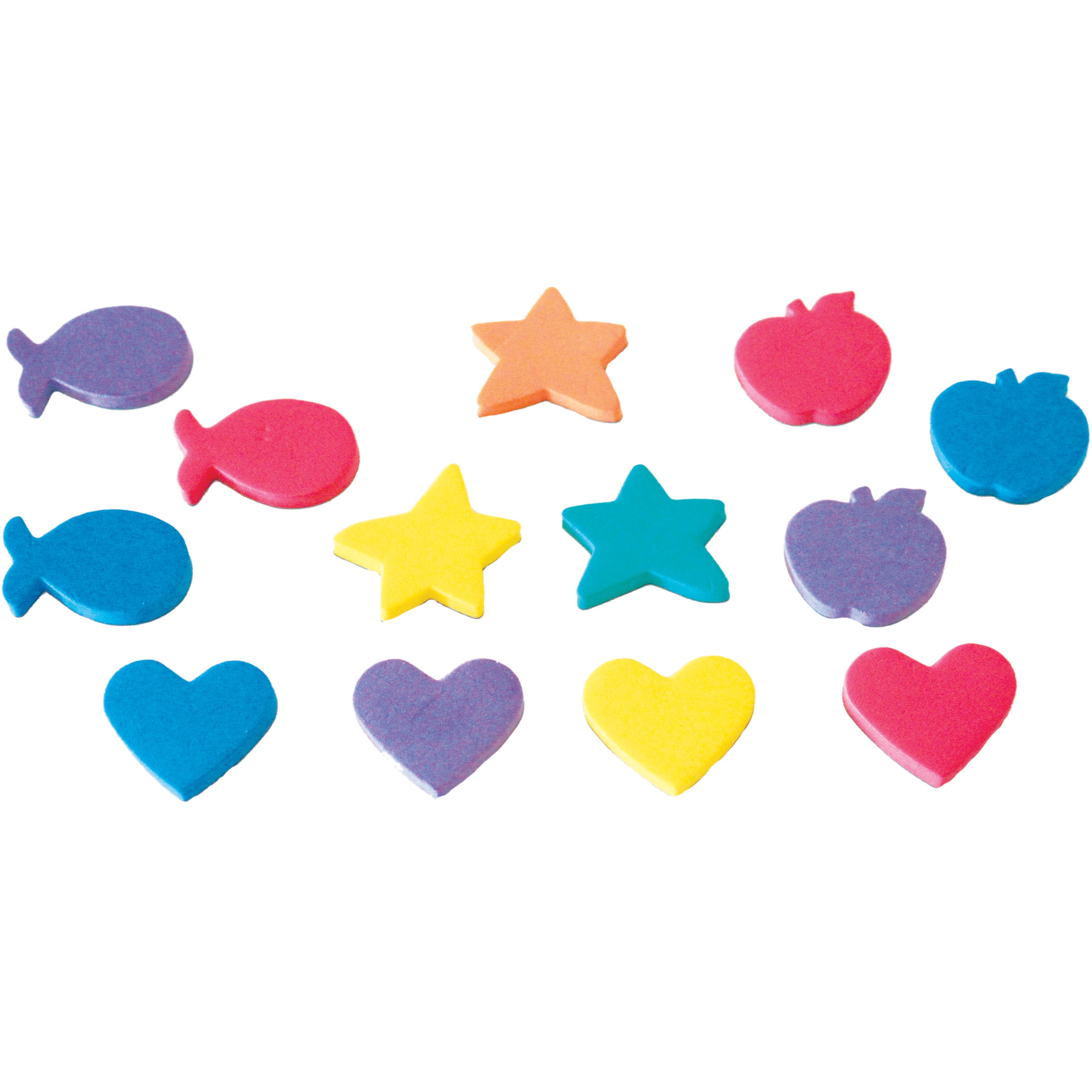 Assorted colorful erasers shaped like fish, stars, apples, and hearts on a white background