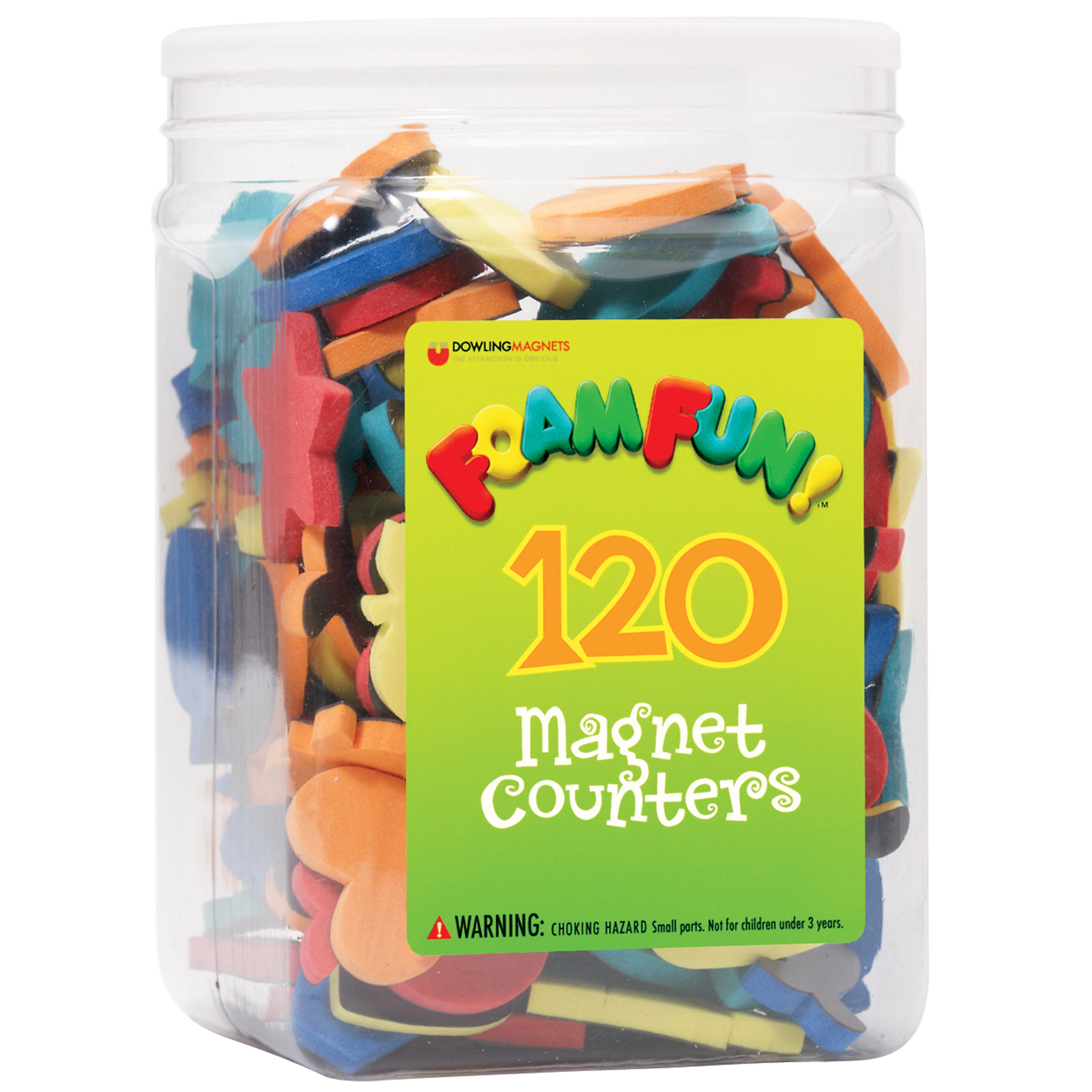 Container of colorful magnet counters with a label indicating '120 Magnet Counters' and brand name.
