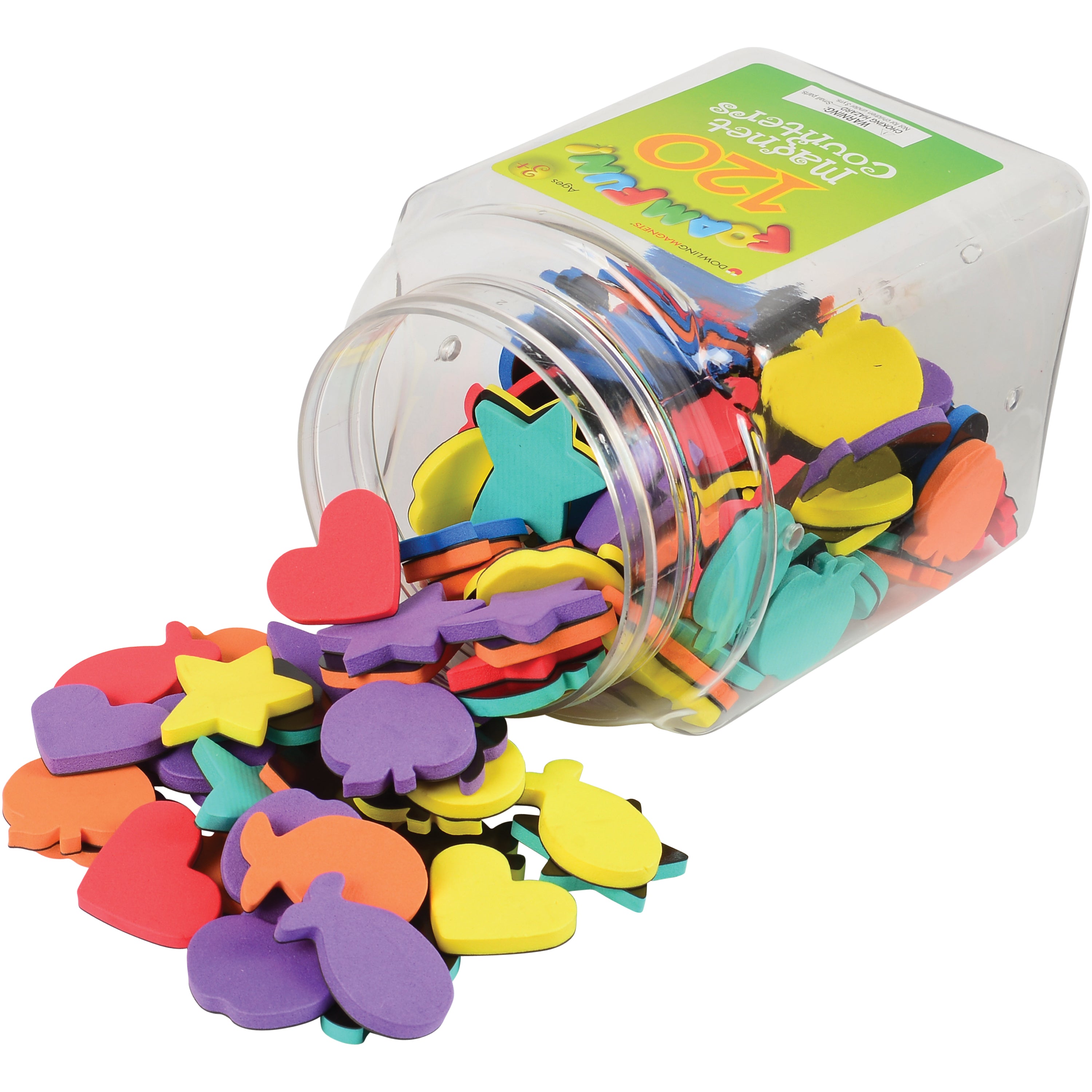 Colorful foam shapes in a container on a white background