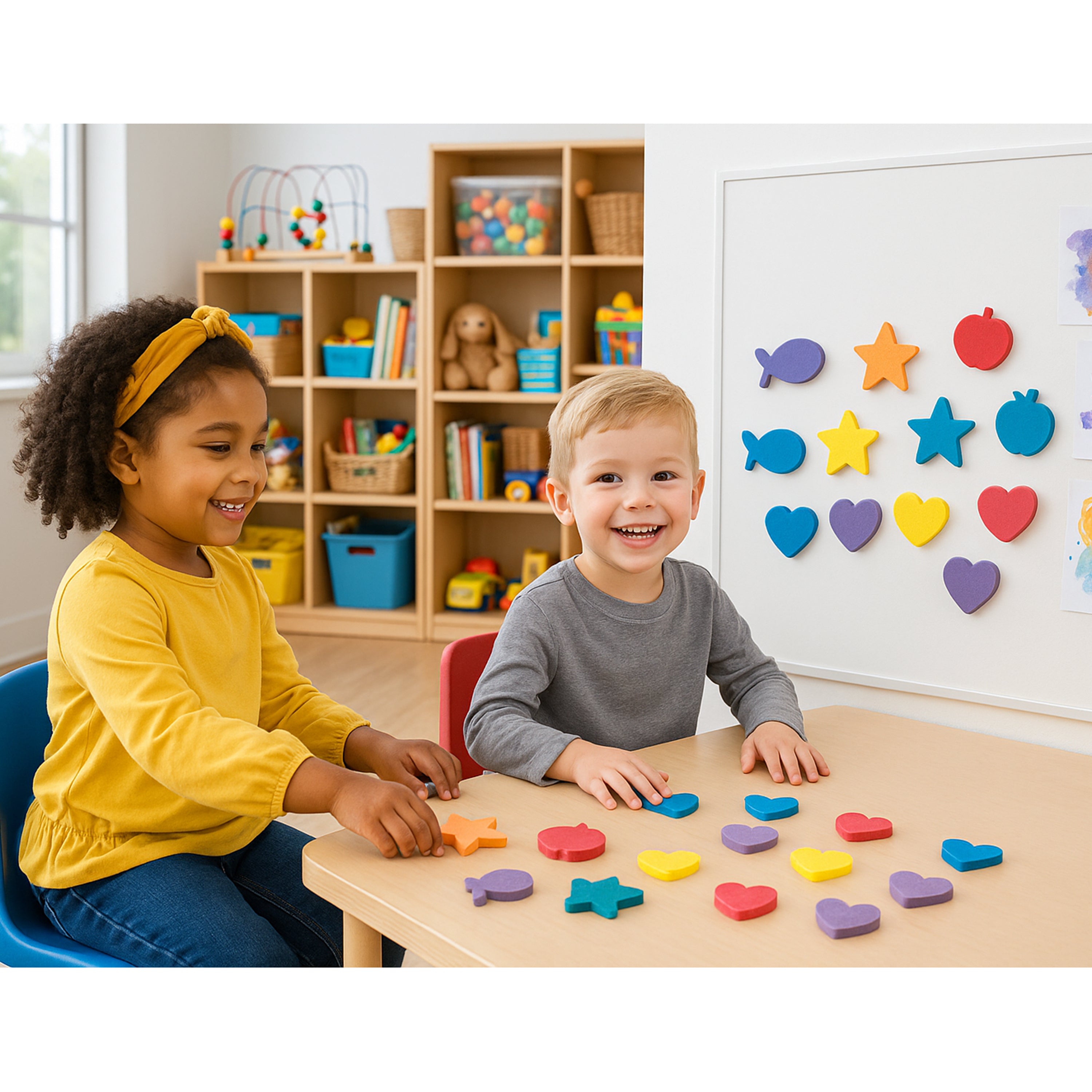 Two children playing with colorful magnetic shapes on a table in a classroom setting.