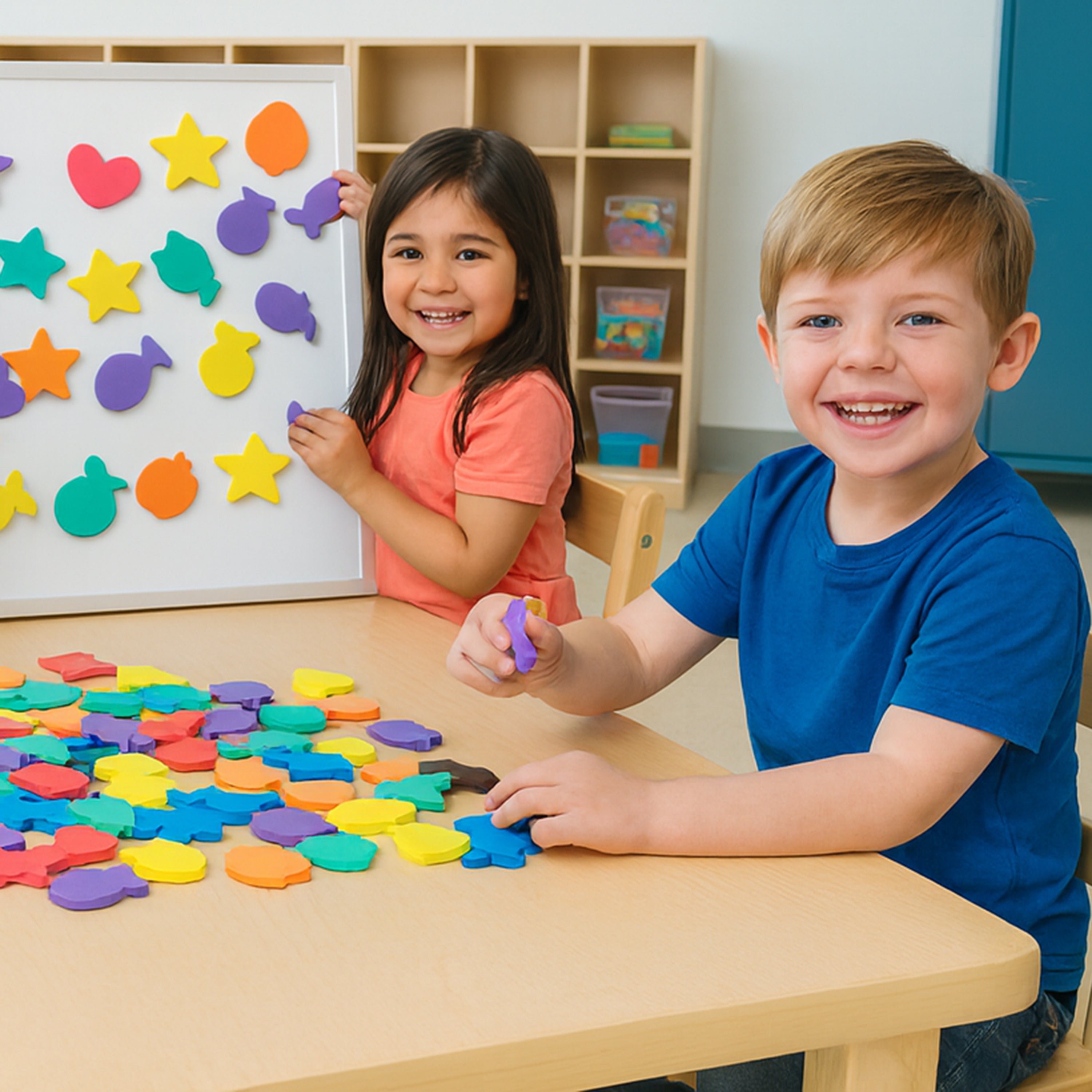 Two children playing with colorful magnetic shapes on a table in a classroom setting.