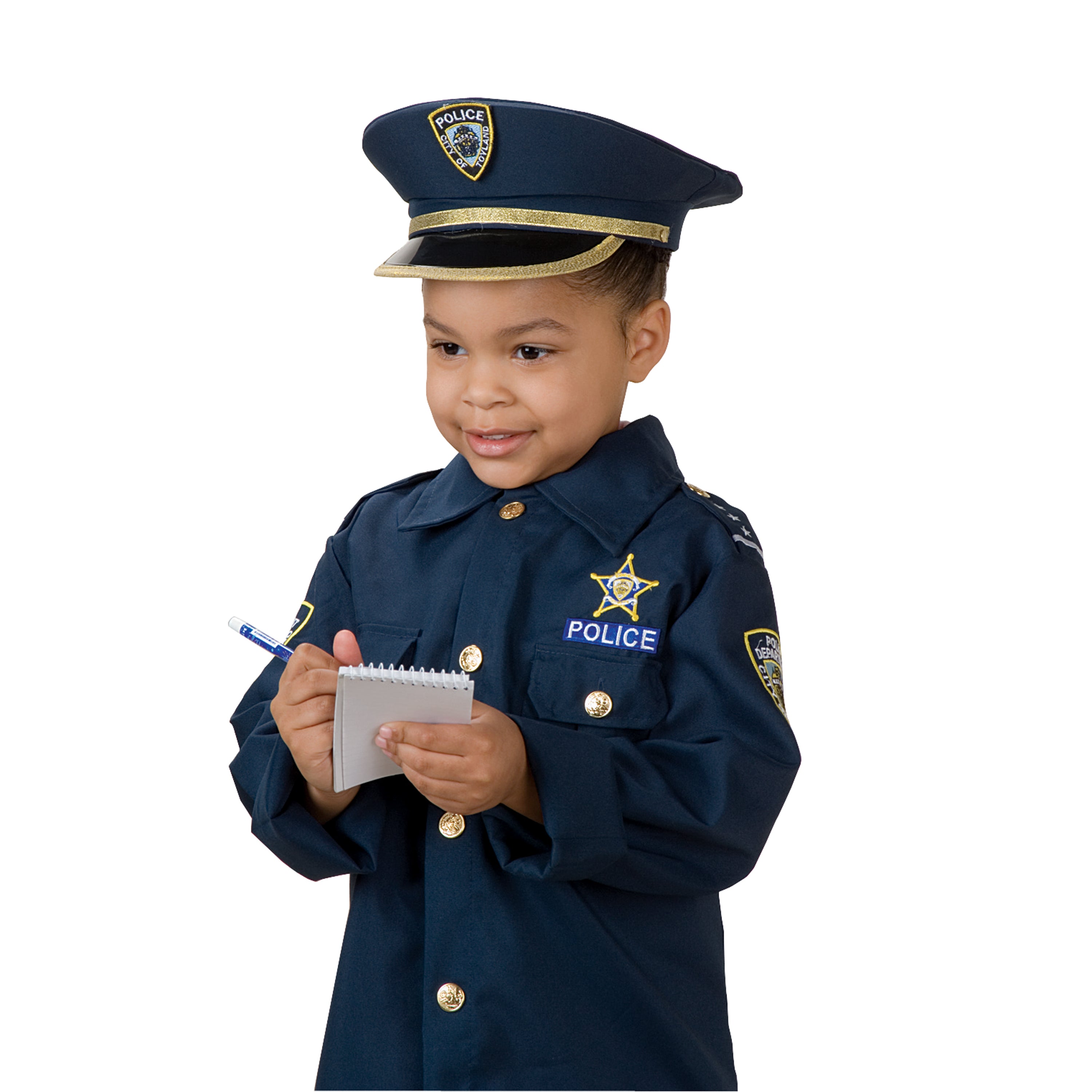 A young child wearing a navy blue police costume set with a matching hat, holding a small notebook and pen against a plain white background.
