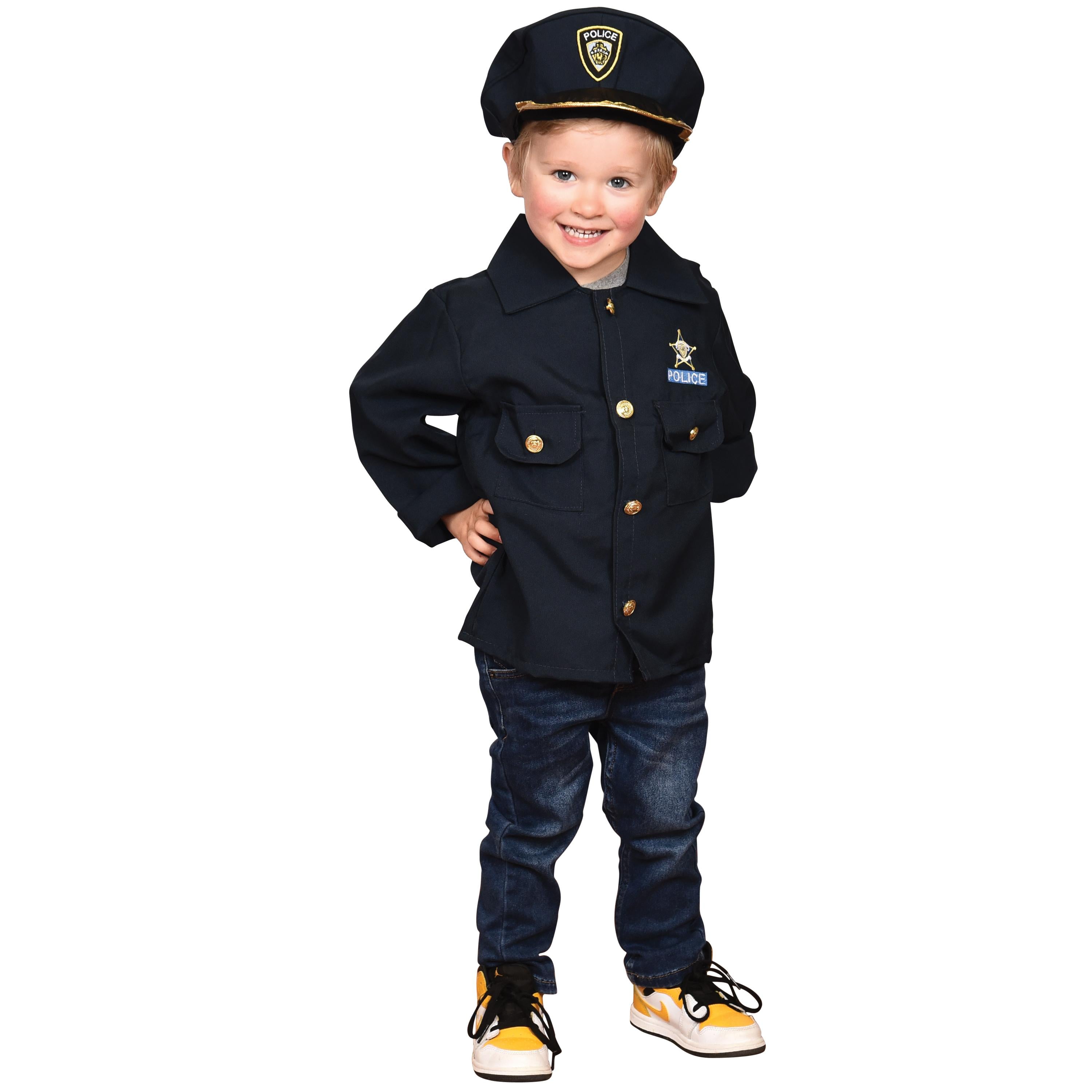 Child wearing a police costume with a hat on a white background