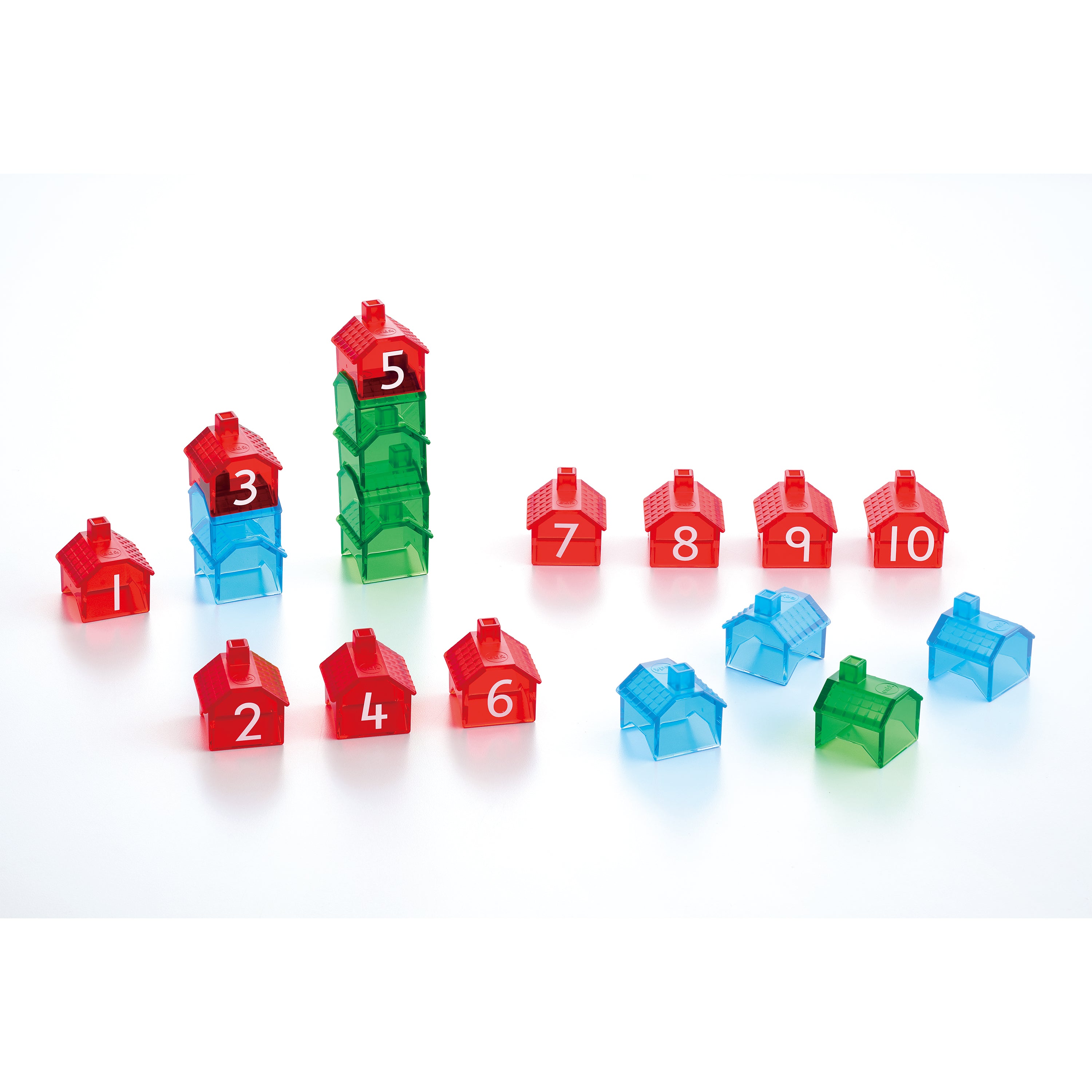 Colorful house-shaped numbers on a white background