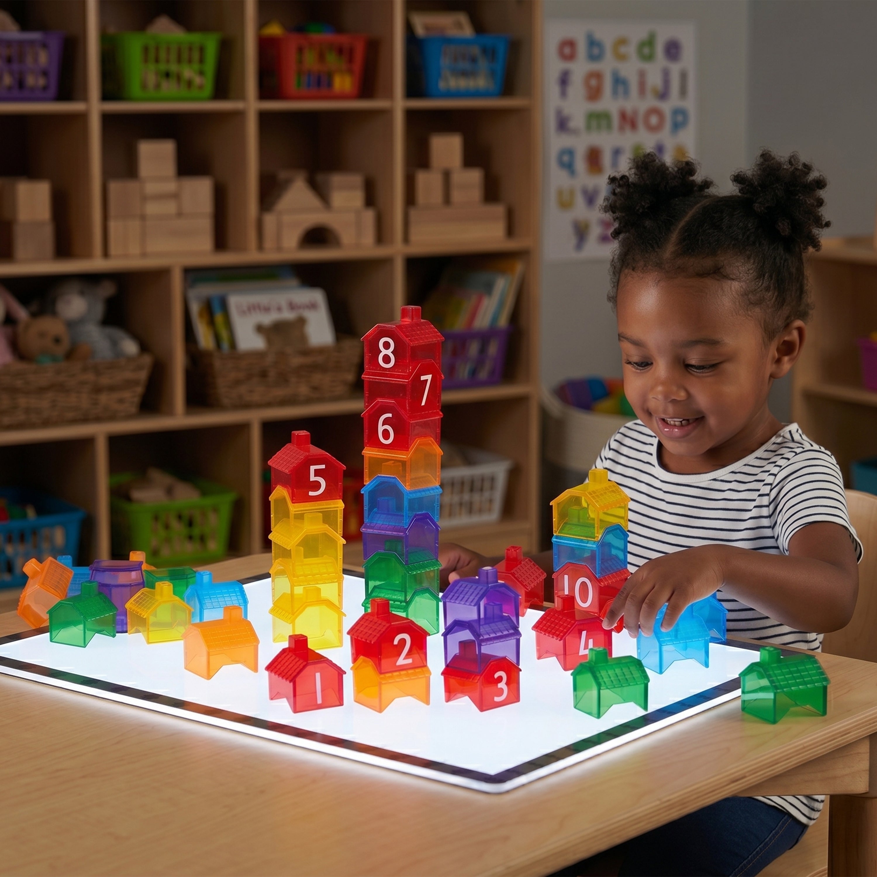 Child playing with colorful building blocks on a light-up table in a classroom setting.