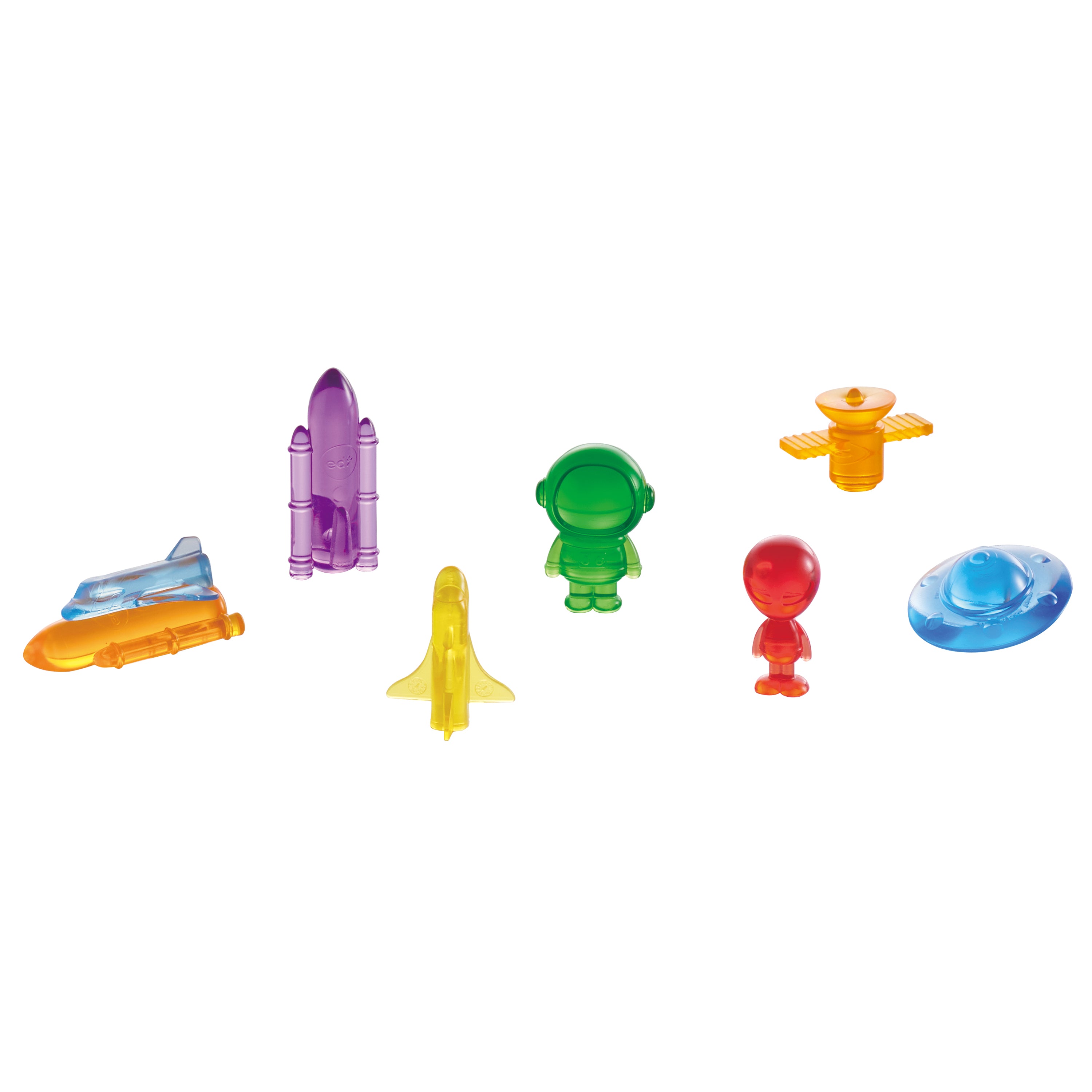 Set of colorful toy figures and vehicles on a white background