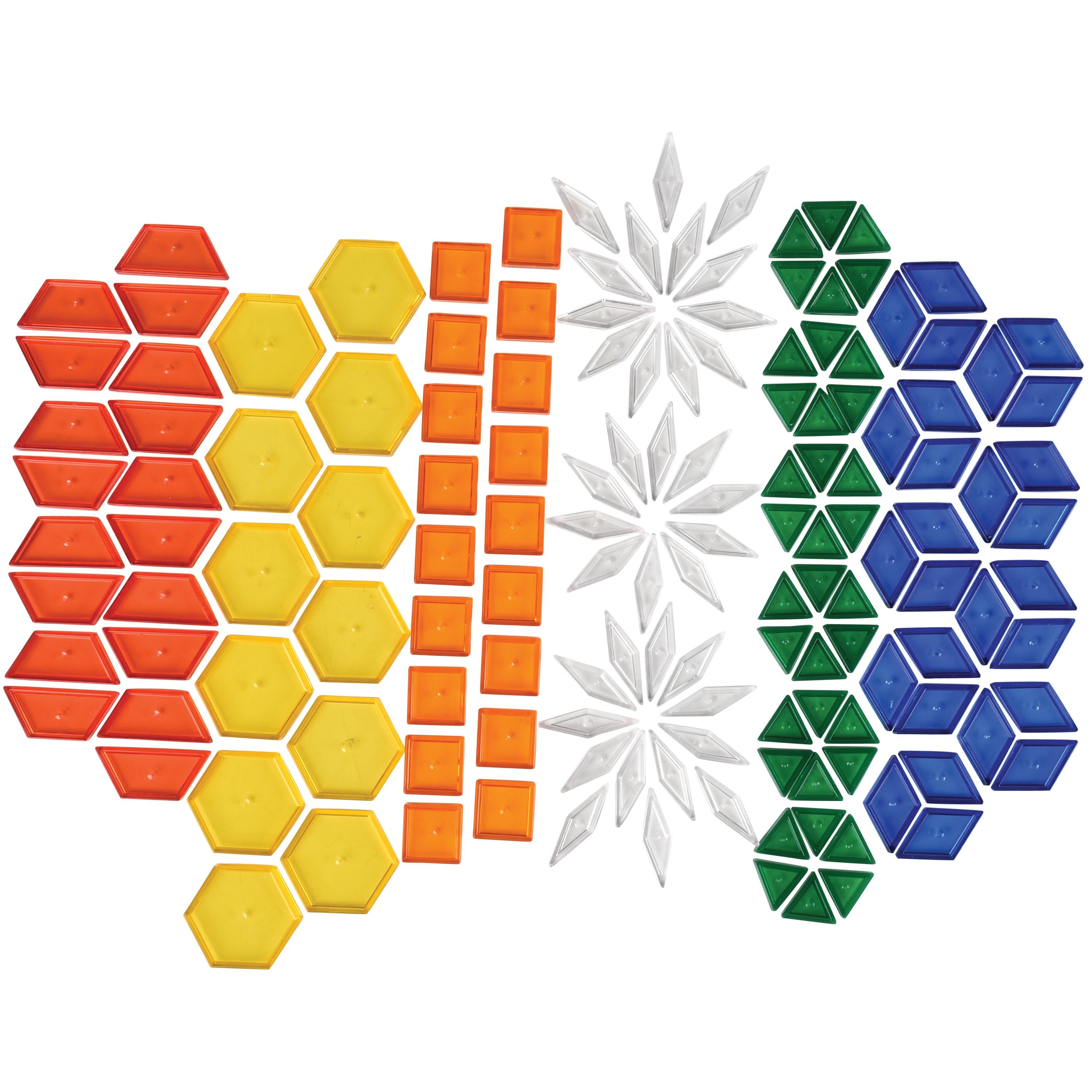 Colorful geometric building blocks arranged in patterns on a white background