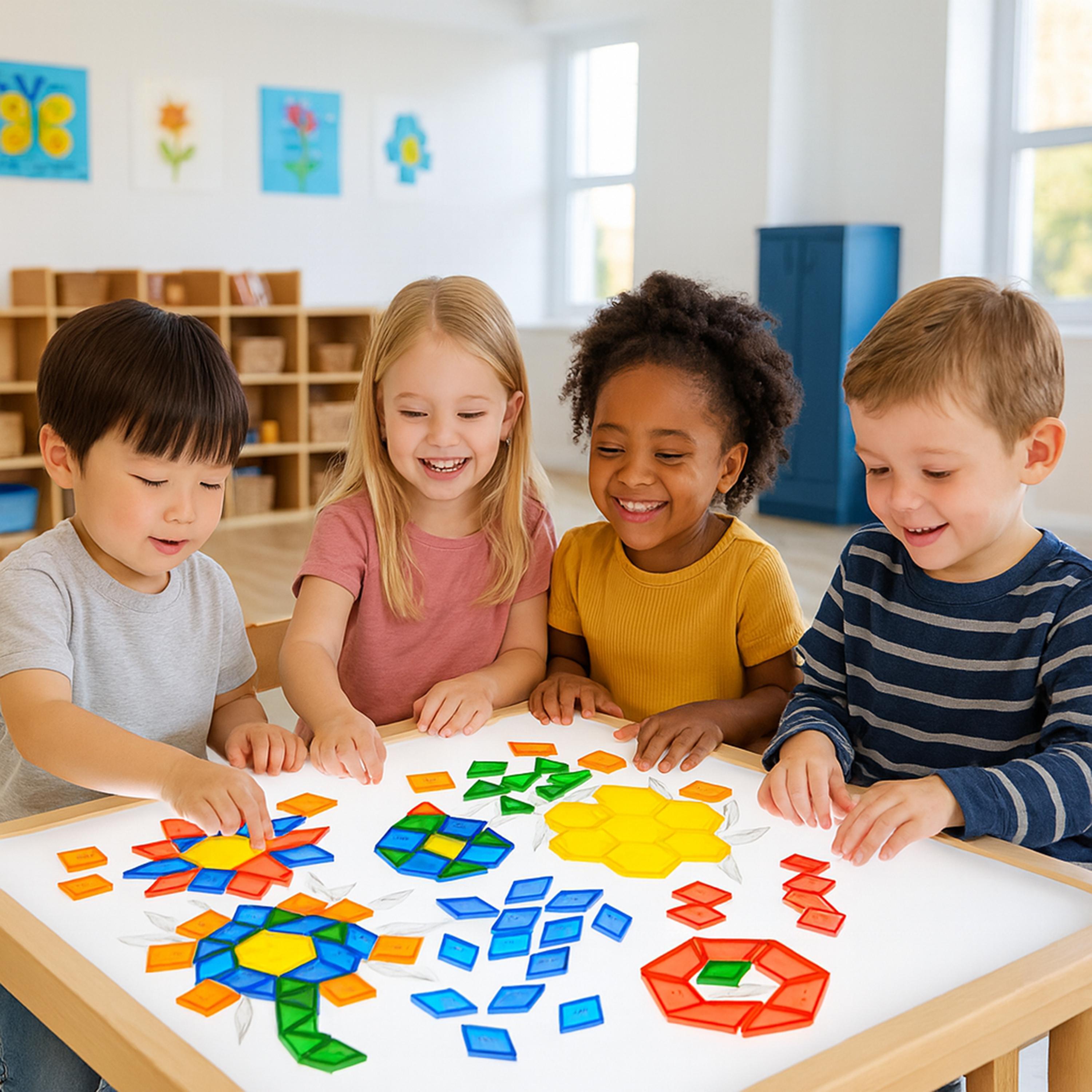 Four children playing with colorful geometric shapes on a table in a classroom setting.
