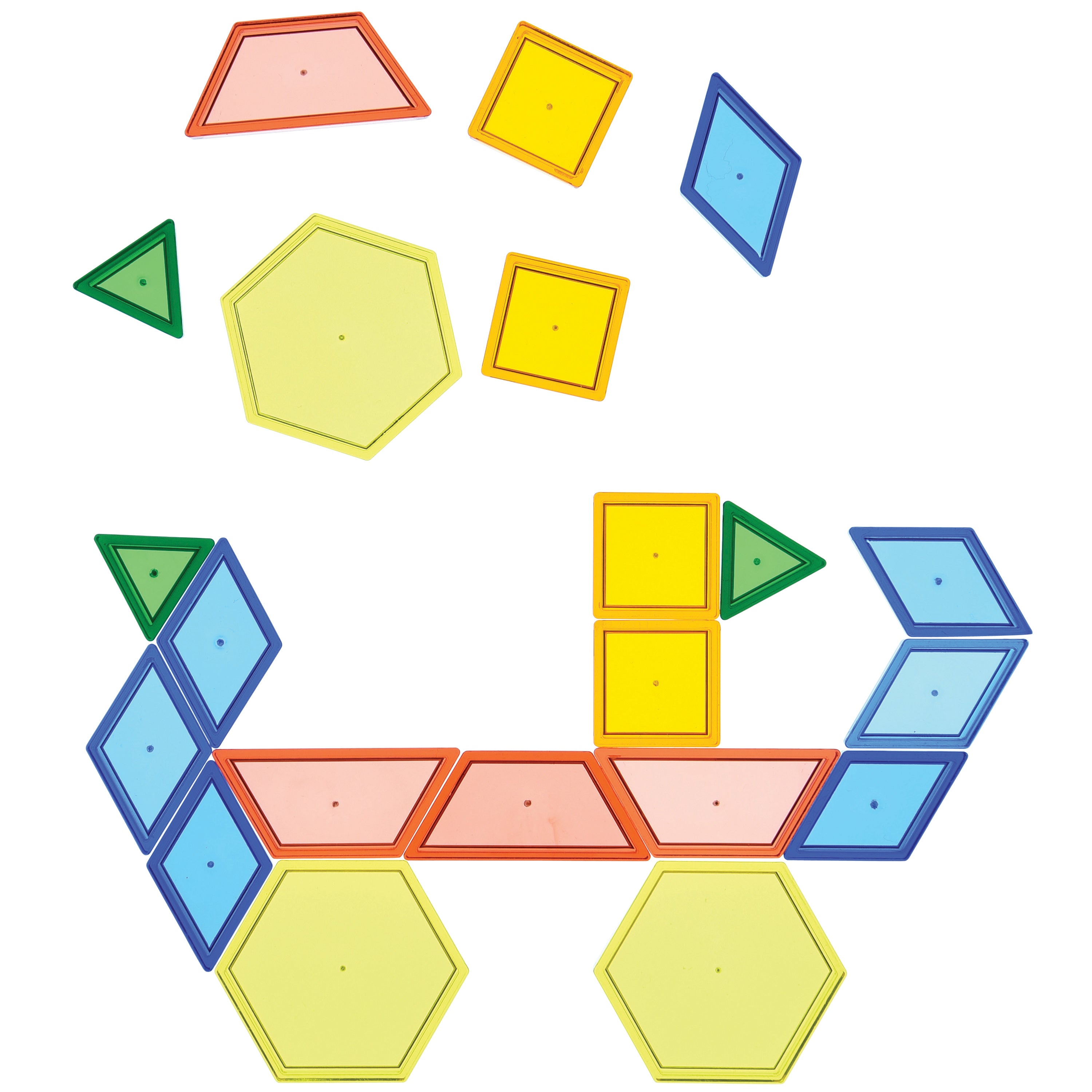 Colorful geometric shapes arranged to form a snake-like pattern on a white background