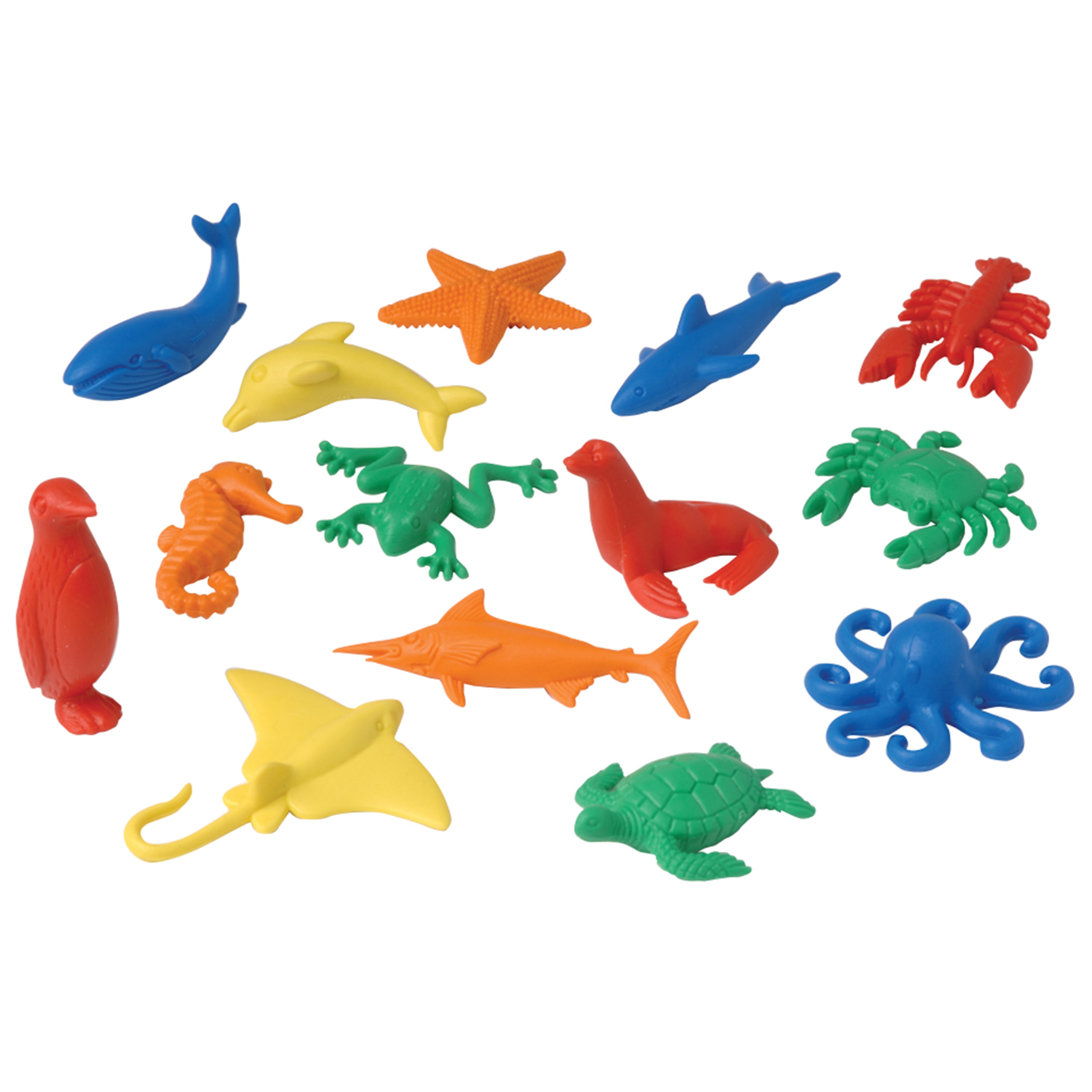 Assorted colorful plastic sea creature toys on a white background