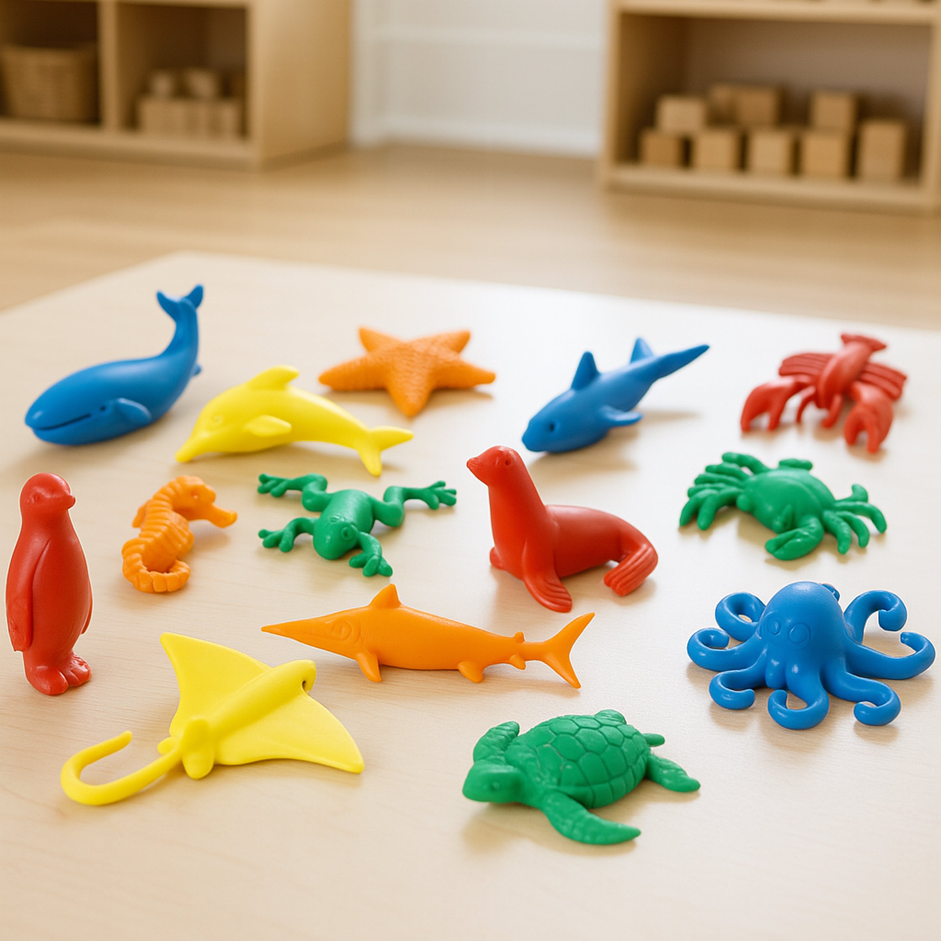 Colorful toy sea creatures on a light surface with shelves in the background