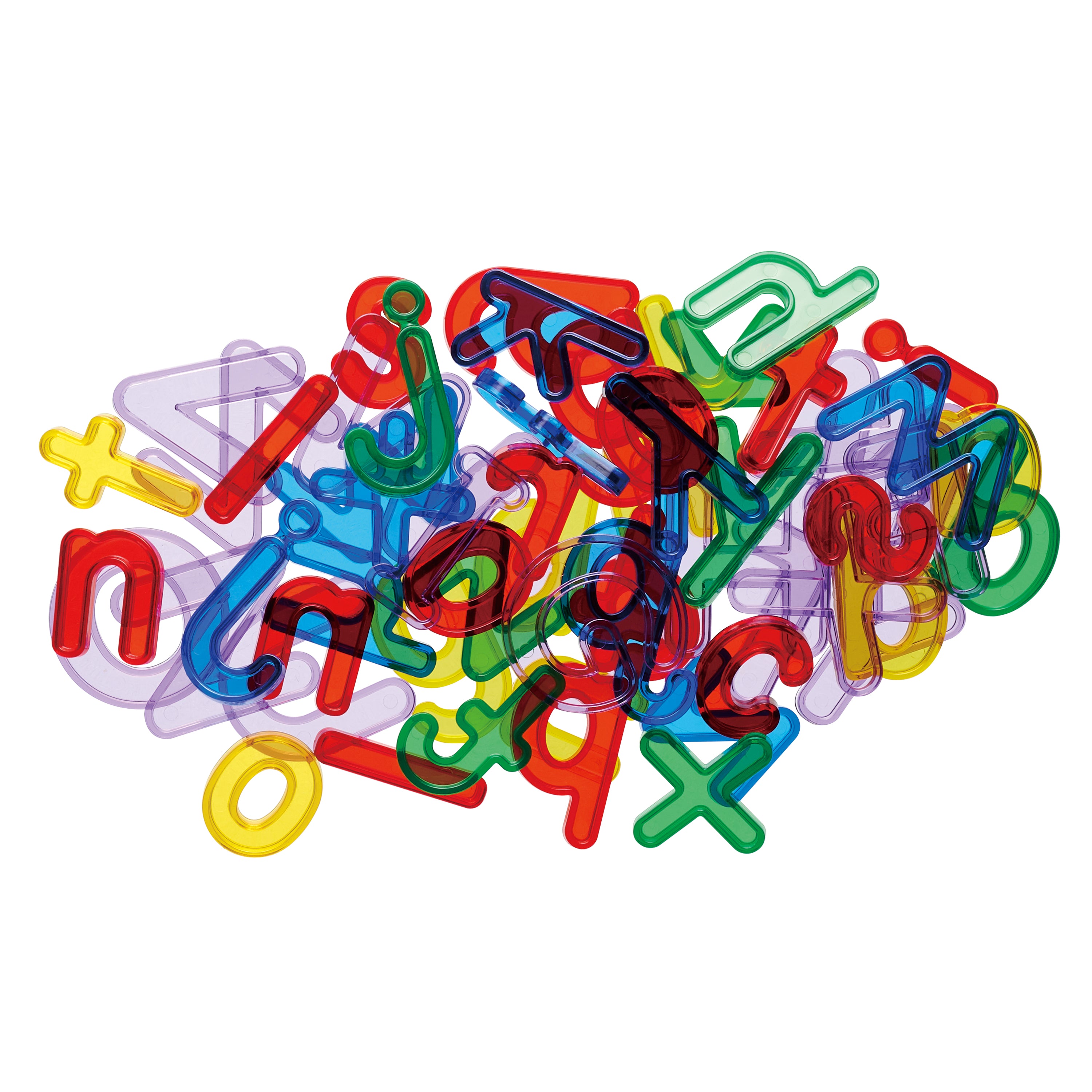Colorful plastic letters and numbers on a white background