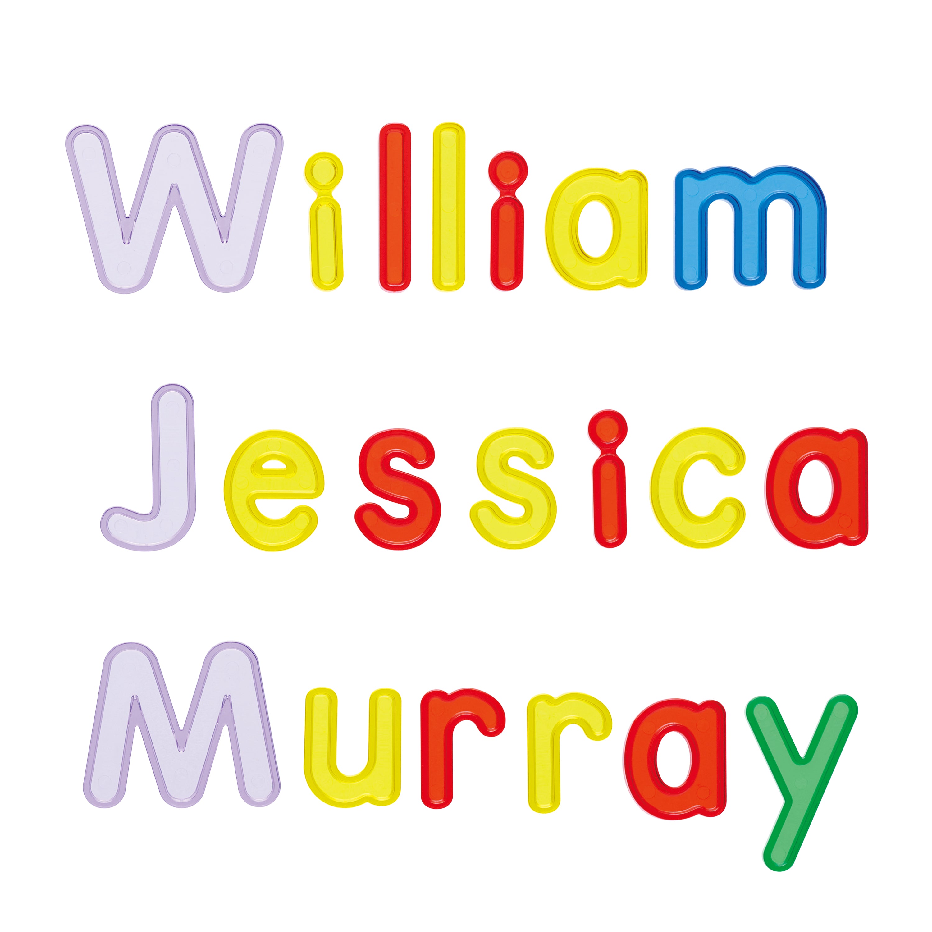 Colorful translucent letters spelling out 'William Jessica Murray' on a white background