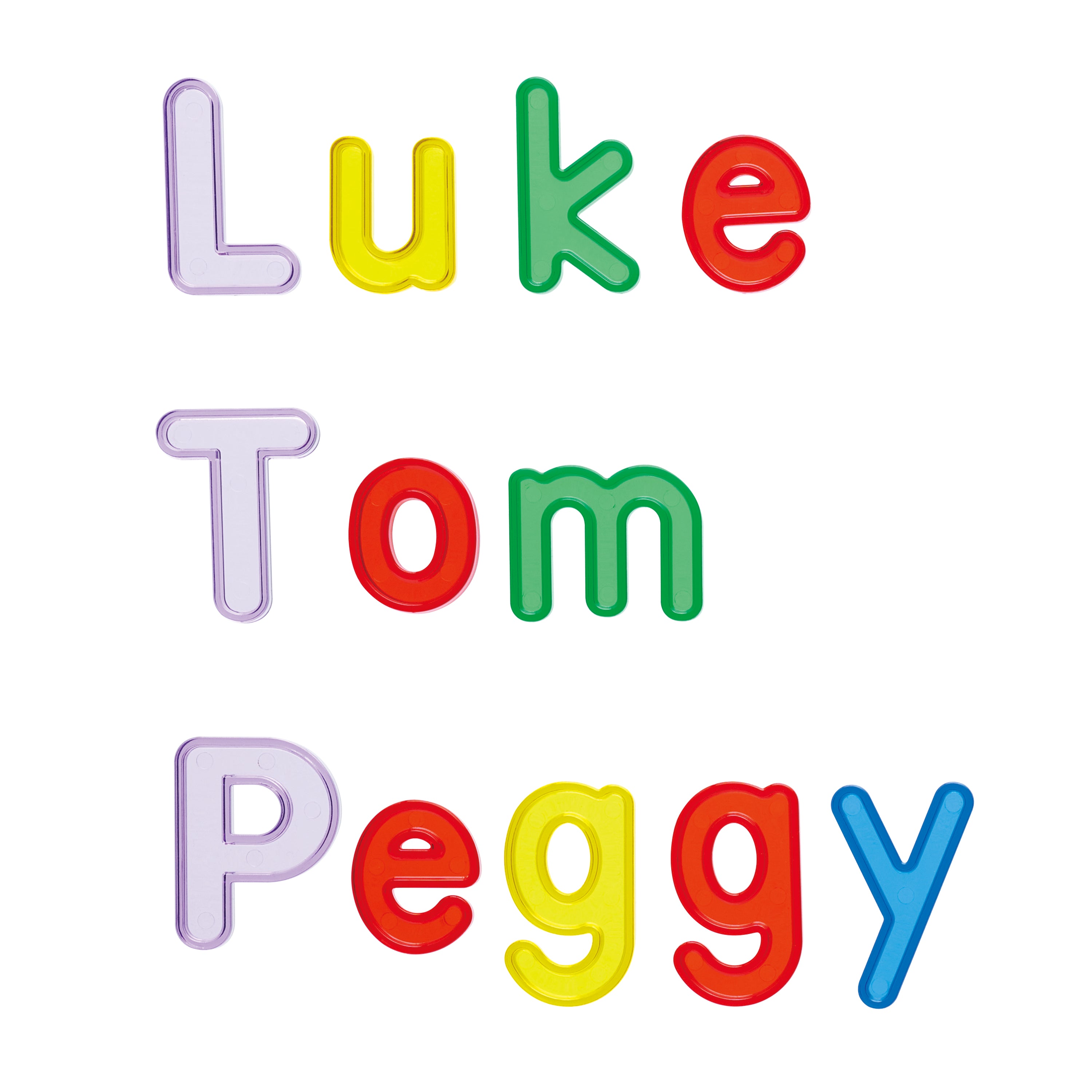 Colorful letters spelling out names on a white background