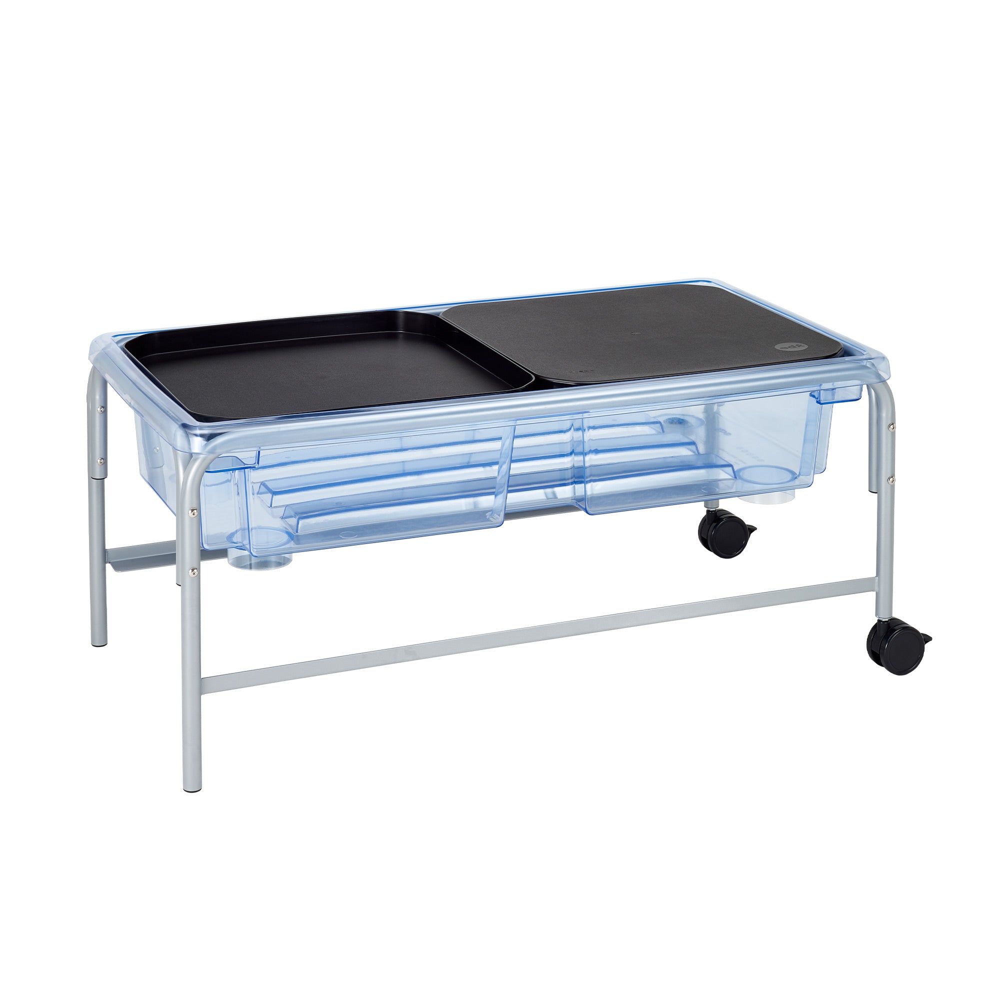 Portable sensory table with two black trays on a white background