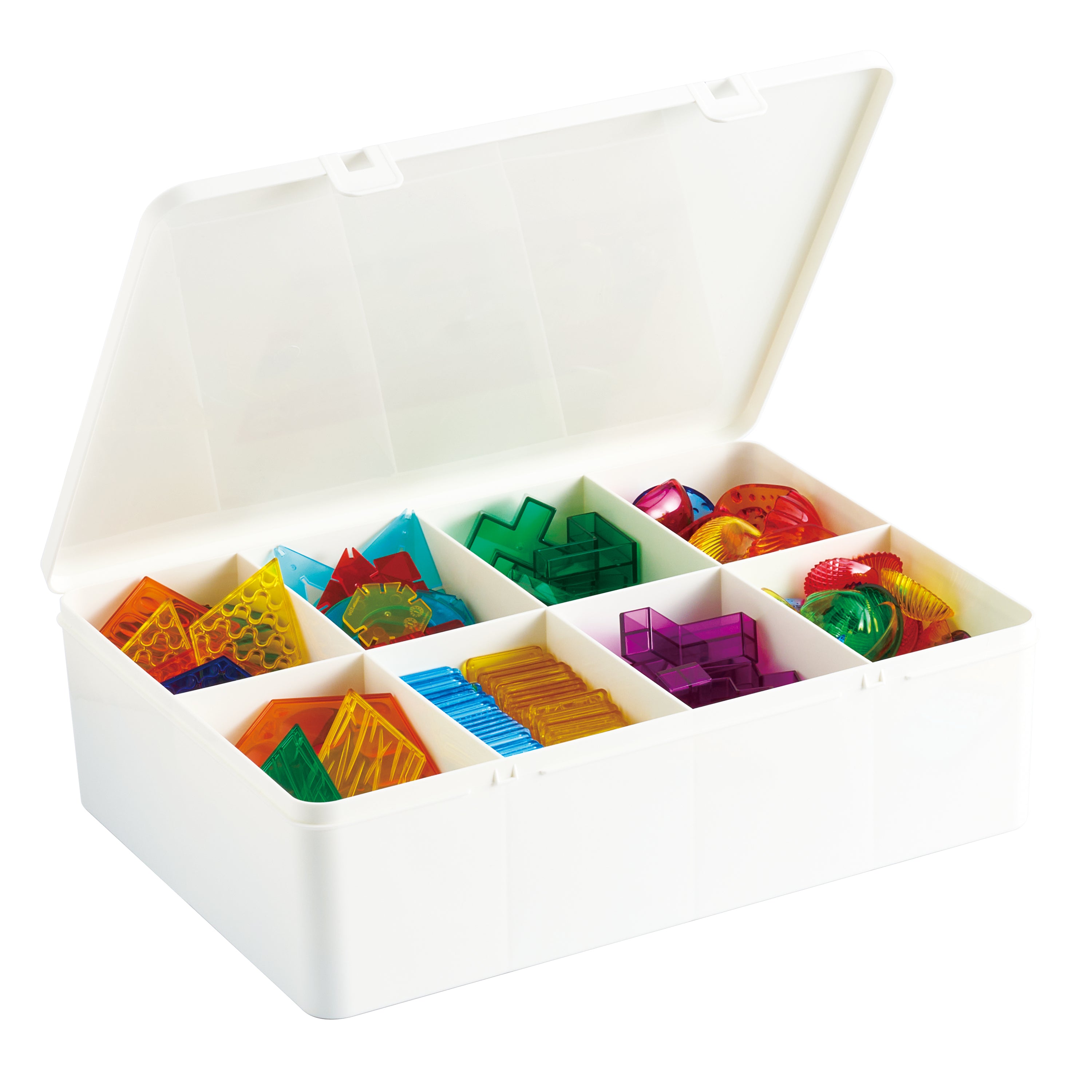 Colorful geometric shapes in a white storage box on a white background