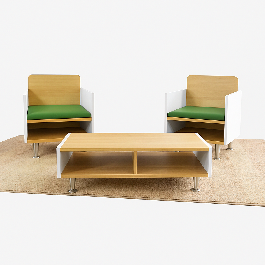 Two Classroom Arm Chairs with Community Table on Neutral Rectangle Rug
