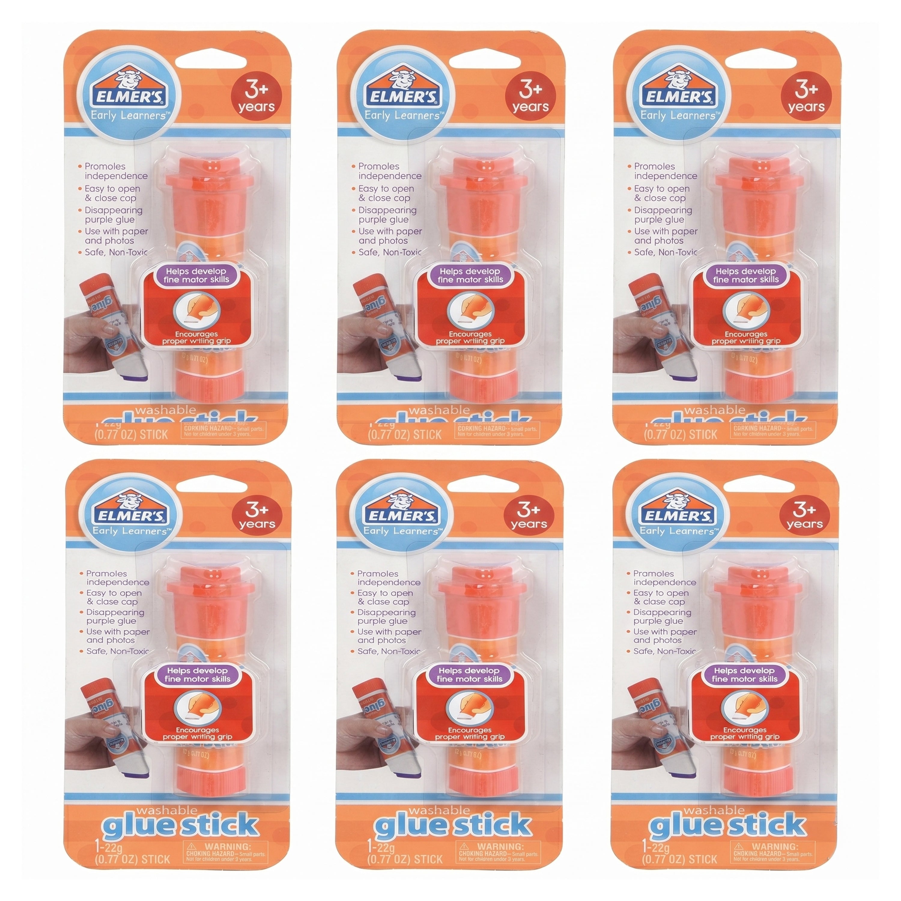 Six packages of Elmer's glue sticks on a white background