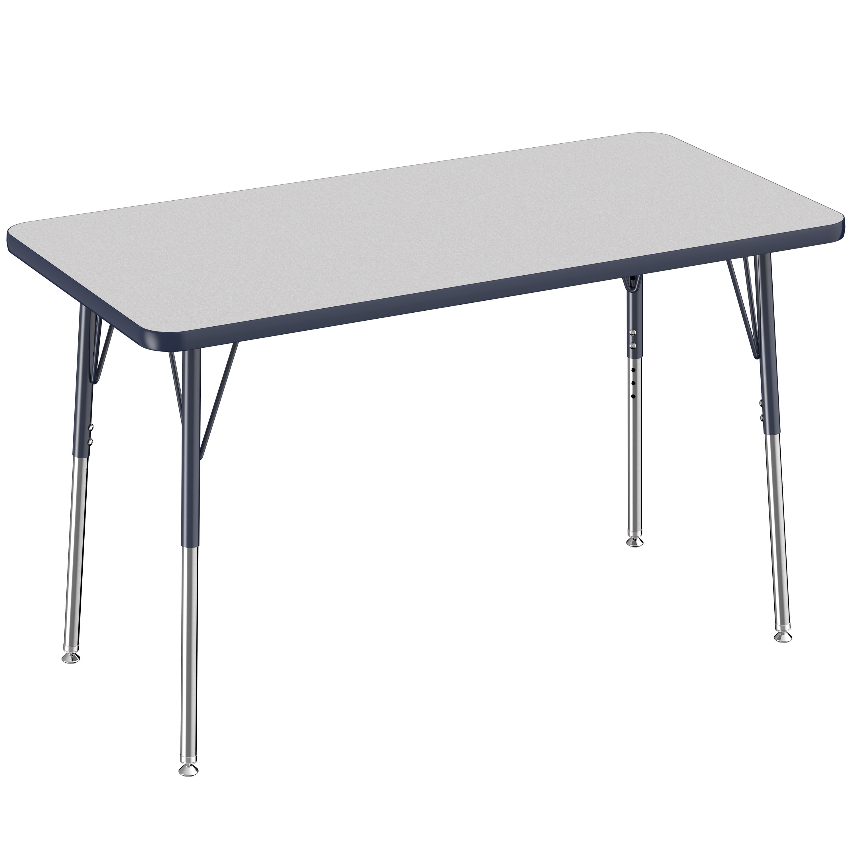 Rectangular table with a gray top and metal legs on a white background