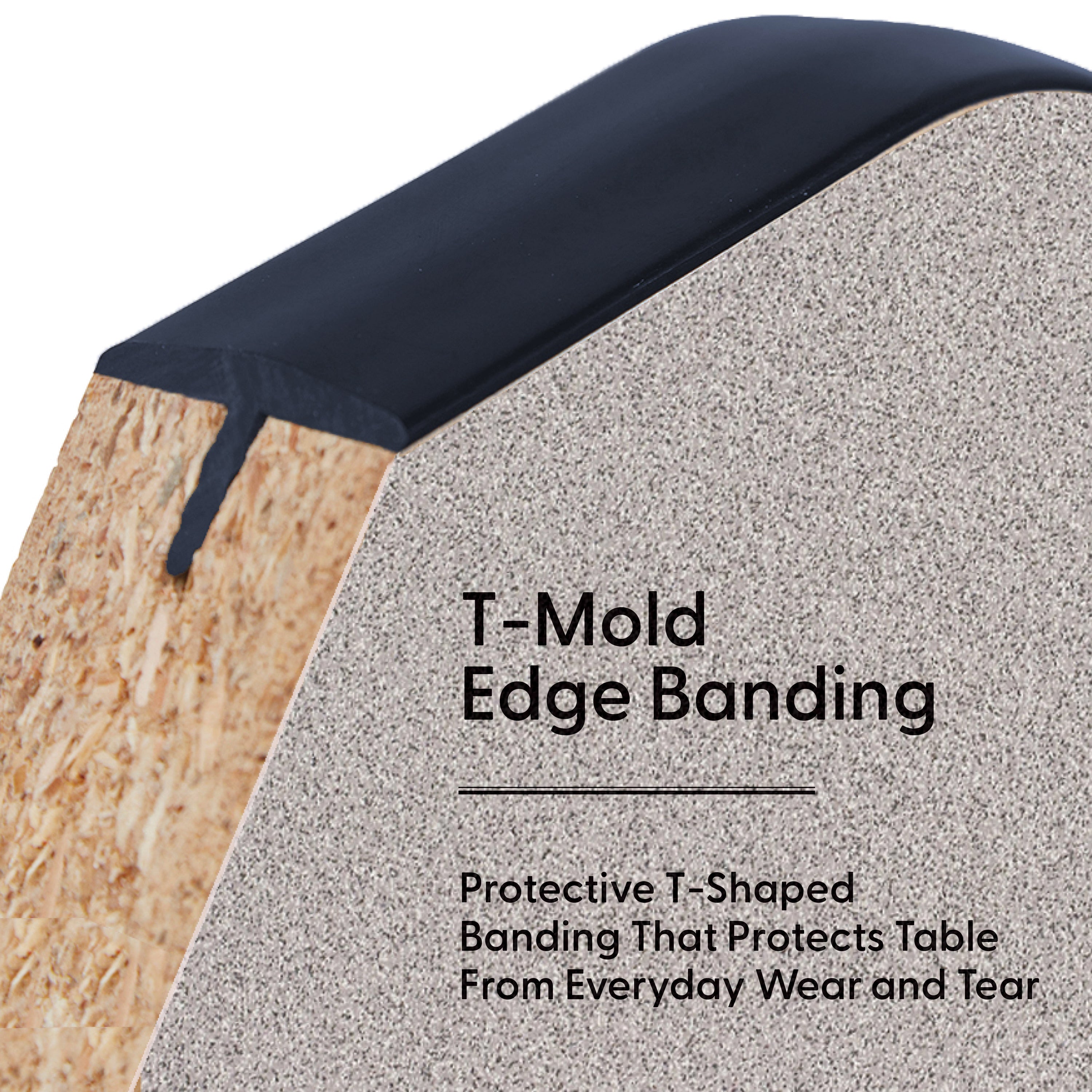 T-Mold edge banding on a wooden surface with text describing its protective function.