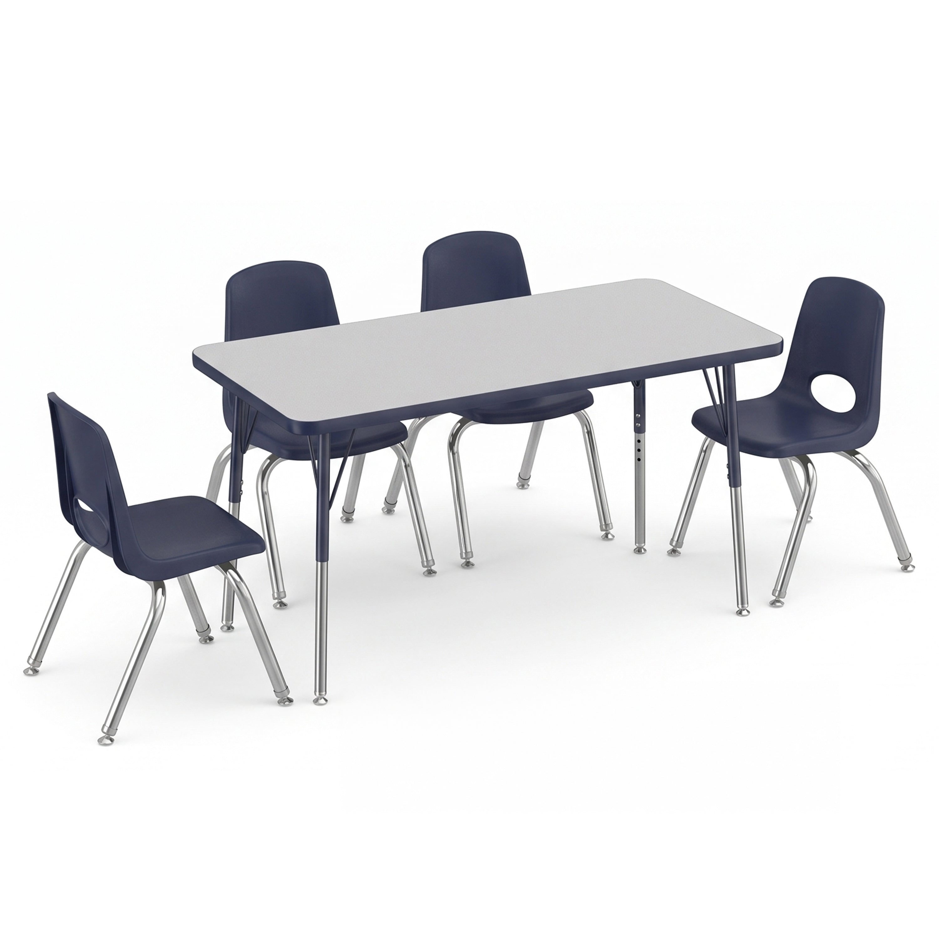 A classroom-style table set with a rectangular light gray table and four dark blue plastic chairs with chrome legs, shown on a white background.