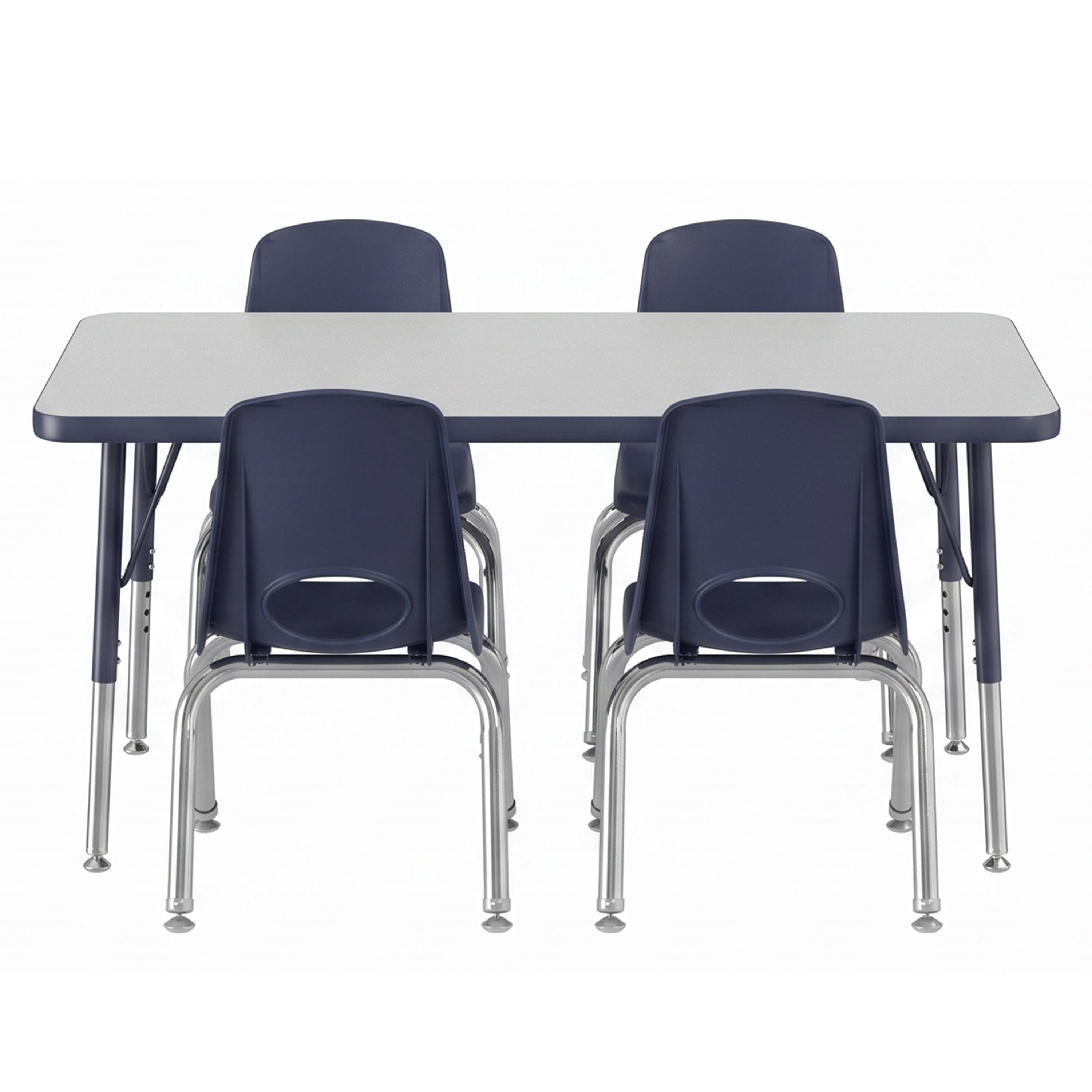 A rectangular classroom table with a light gray top and dark blue chairs with silver metal legs, shown on a white background.