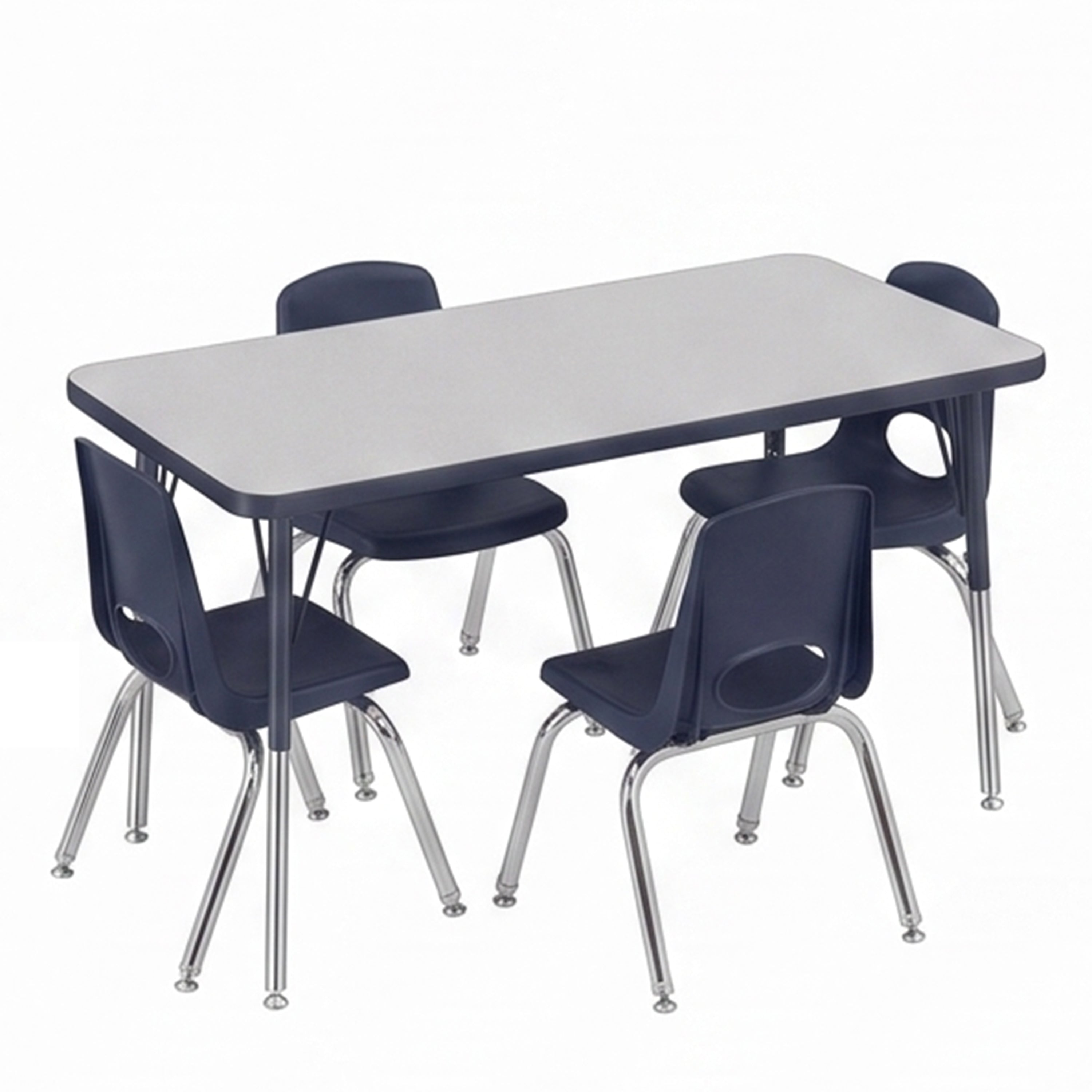 A classroom-style table set with a rectangular light gray tabletop and four dark navy chairs with chrome legs, shown on a plain white background.