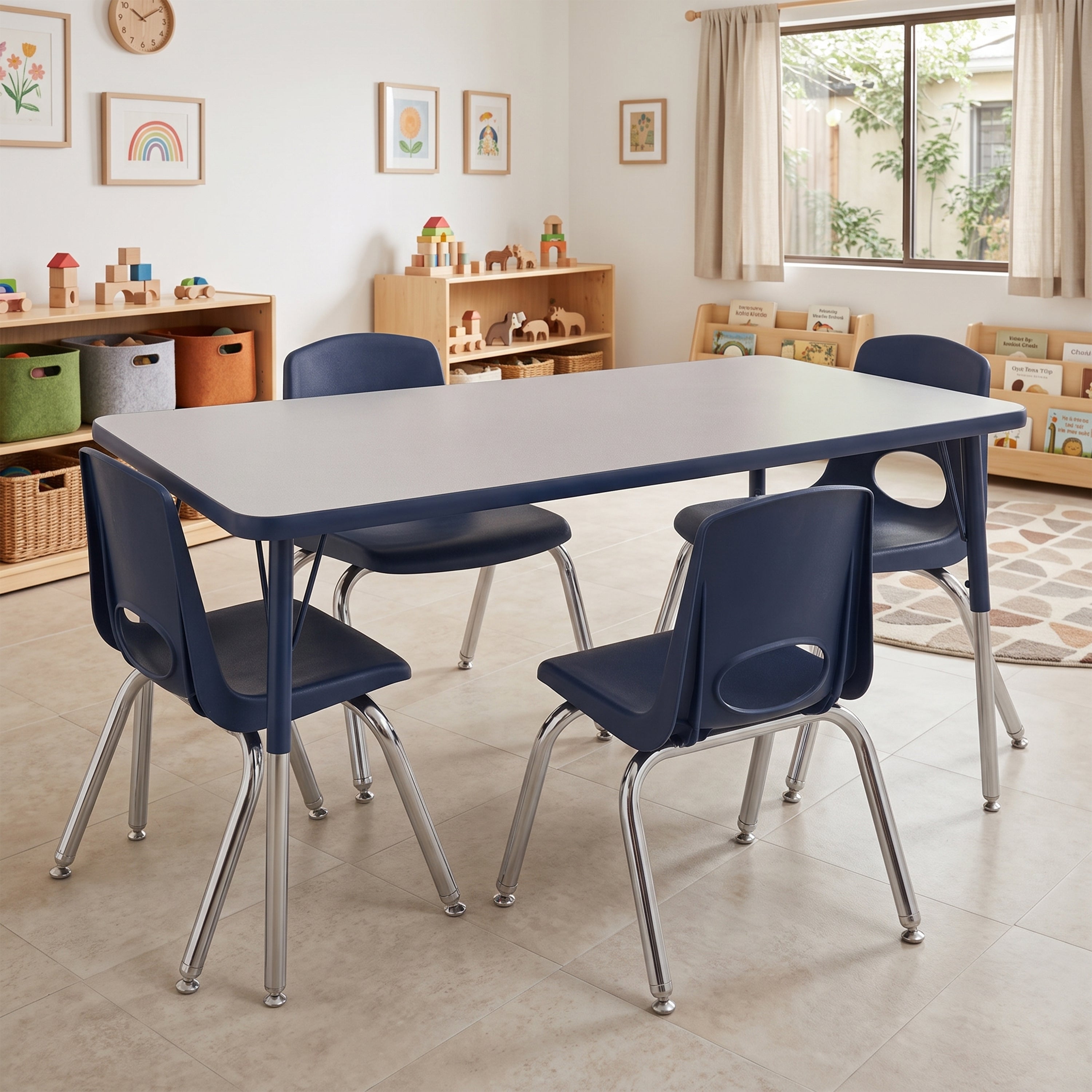 A rectangular classroom table with a light gray top and dark blue edges, surrounded by four matching dark blue chairs with silver metal legs, set in a bright children's playroom.