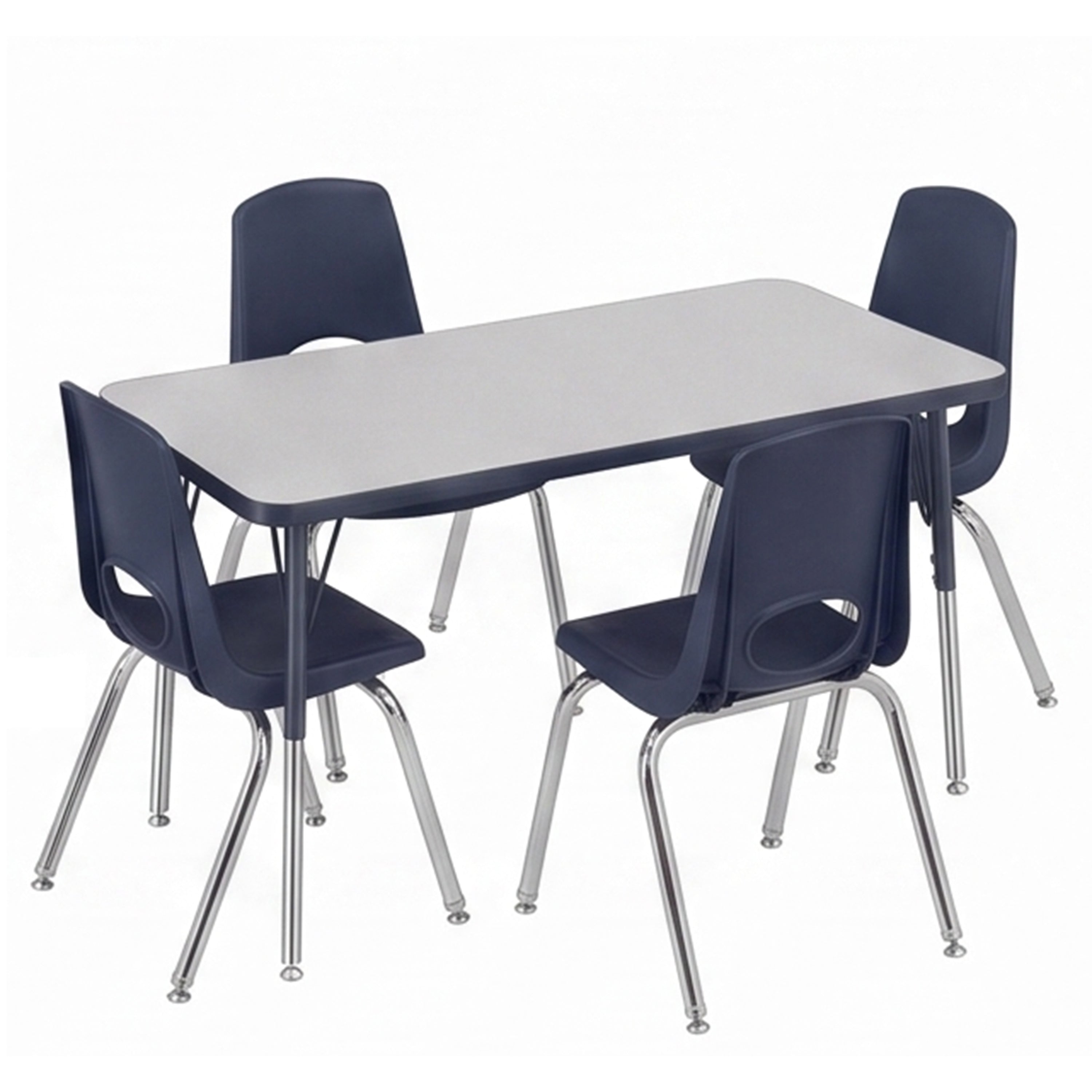 A classroom-style table set with a rectangular light gray table and four dark navy chairs with chrome legs, shown on a plain white background.