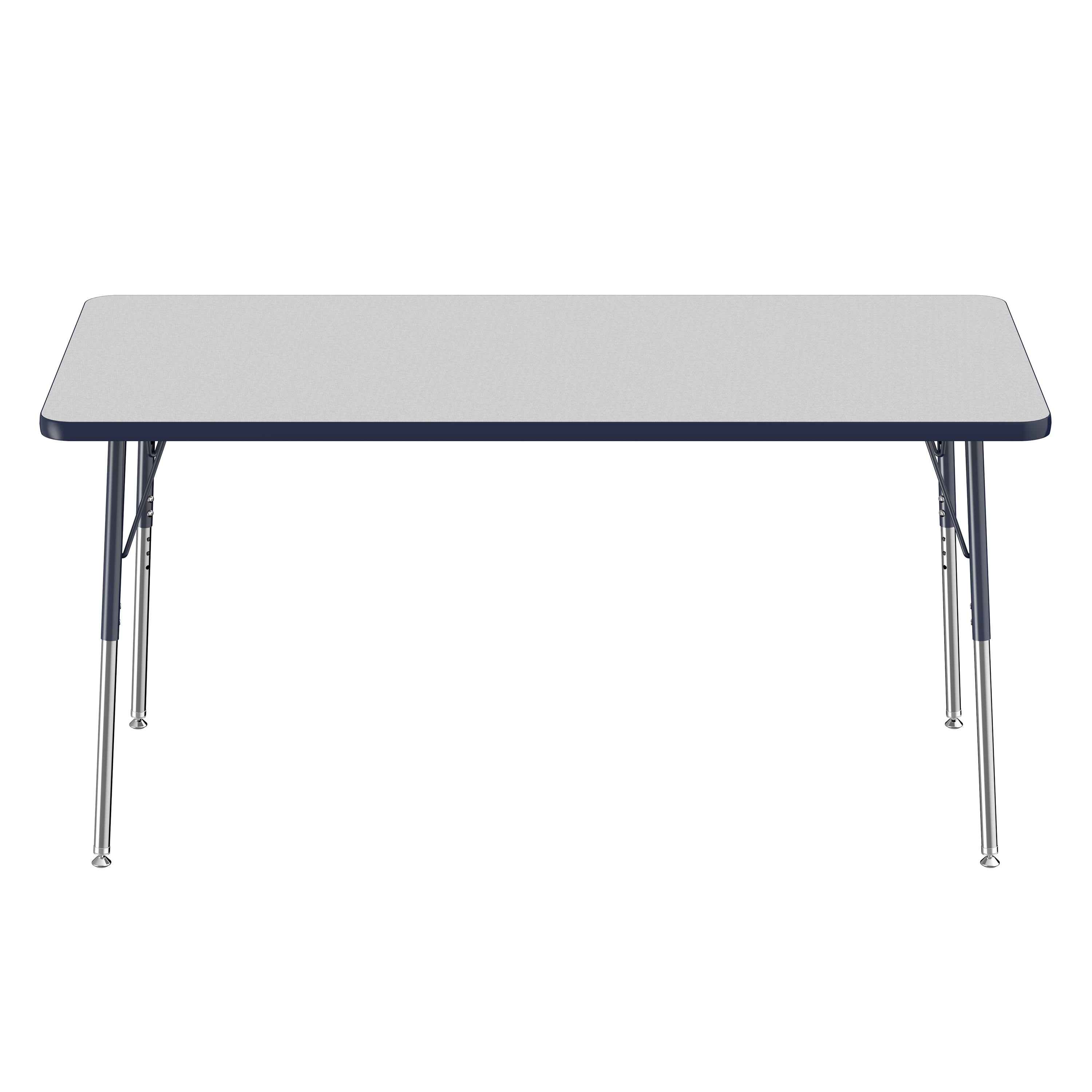 Rectangular table with a gray top and metal legs on a white background