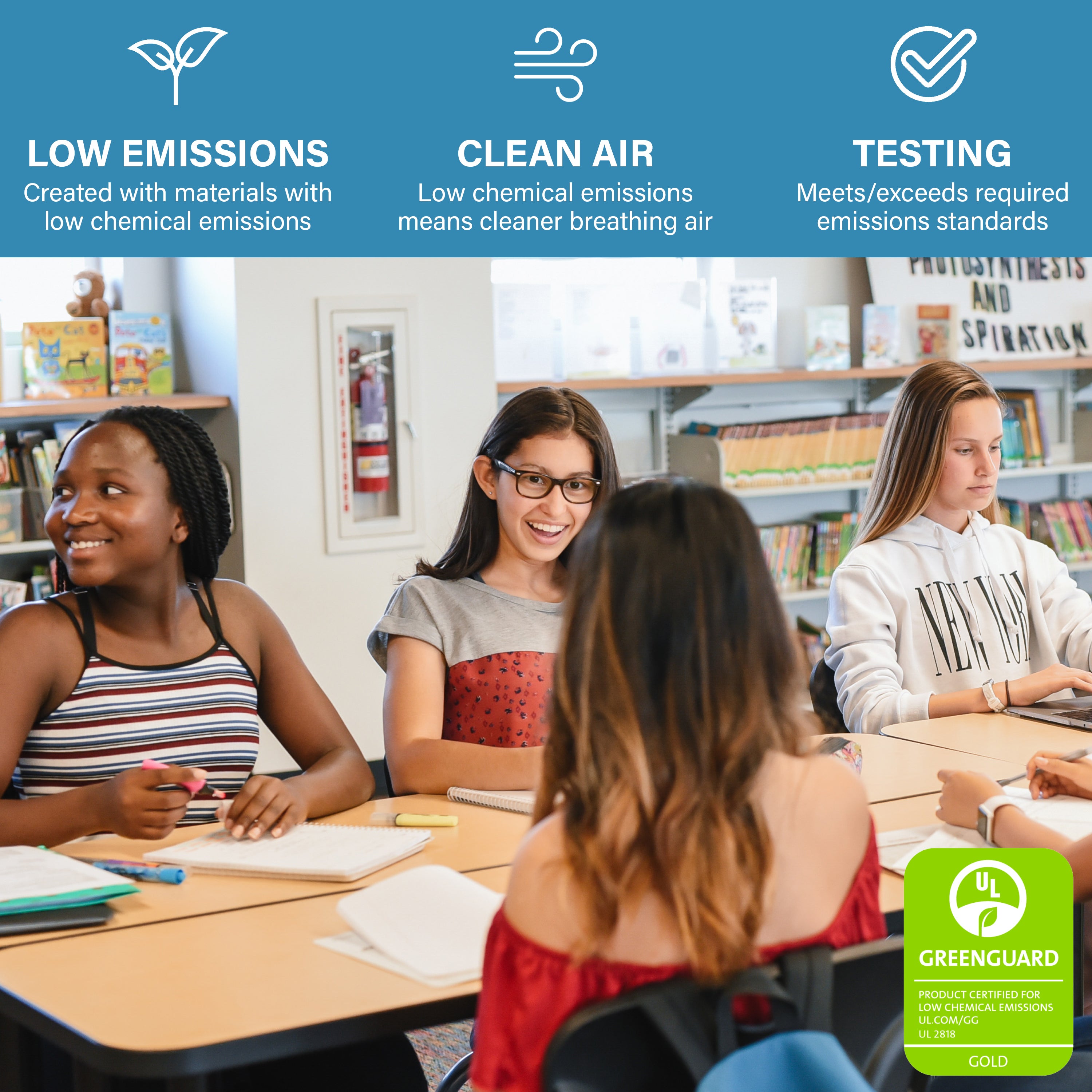 Students in a classroom with a focus on low emissions, clean air, and testing, featuring the UL GreenGuard Gold logo.