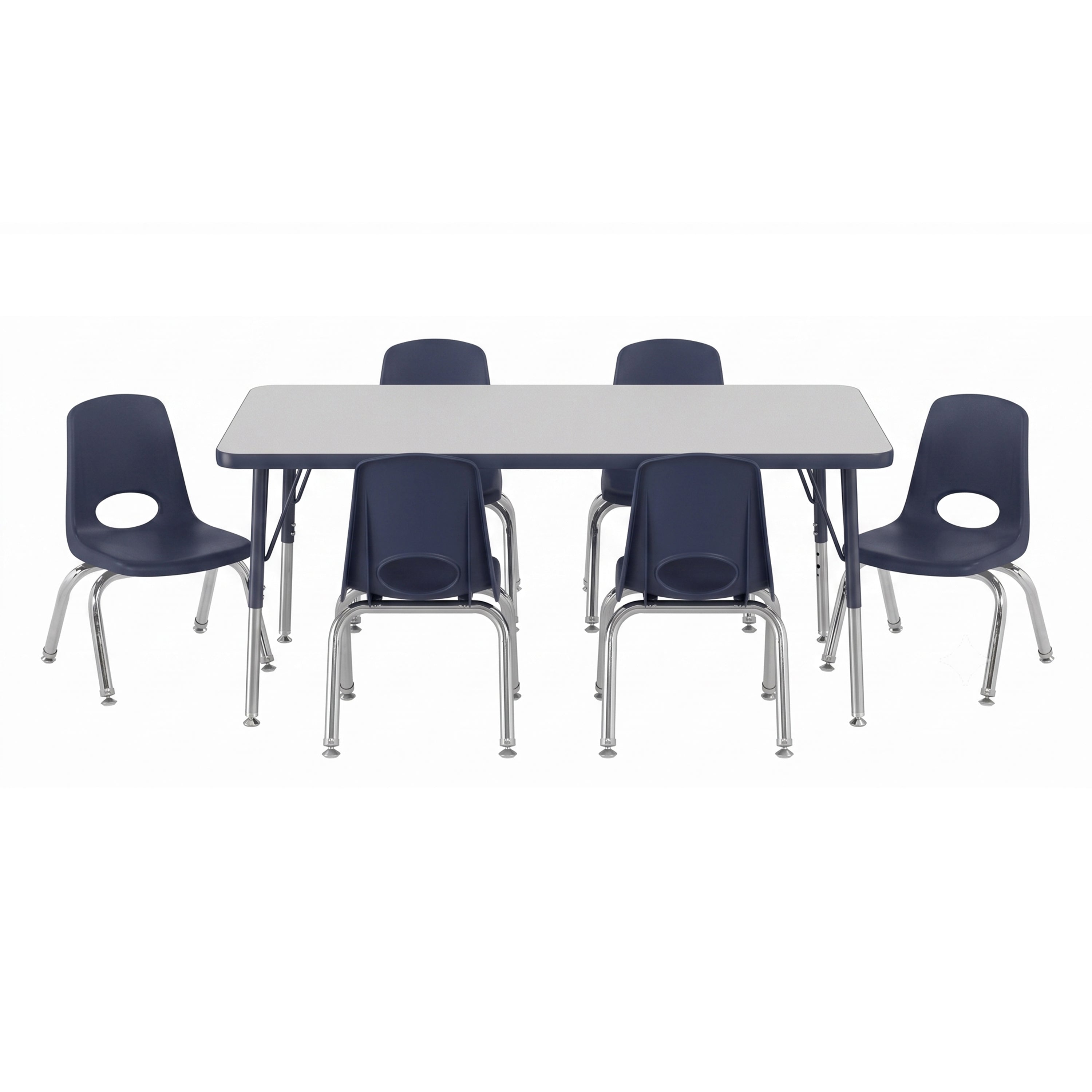 A school-style classroom set featuring a rectangular table with a light gray top and chrome legs, surrounded by six navy blue plastic chairs with circular cutouts and chrome legs, shown on a solid white background.