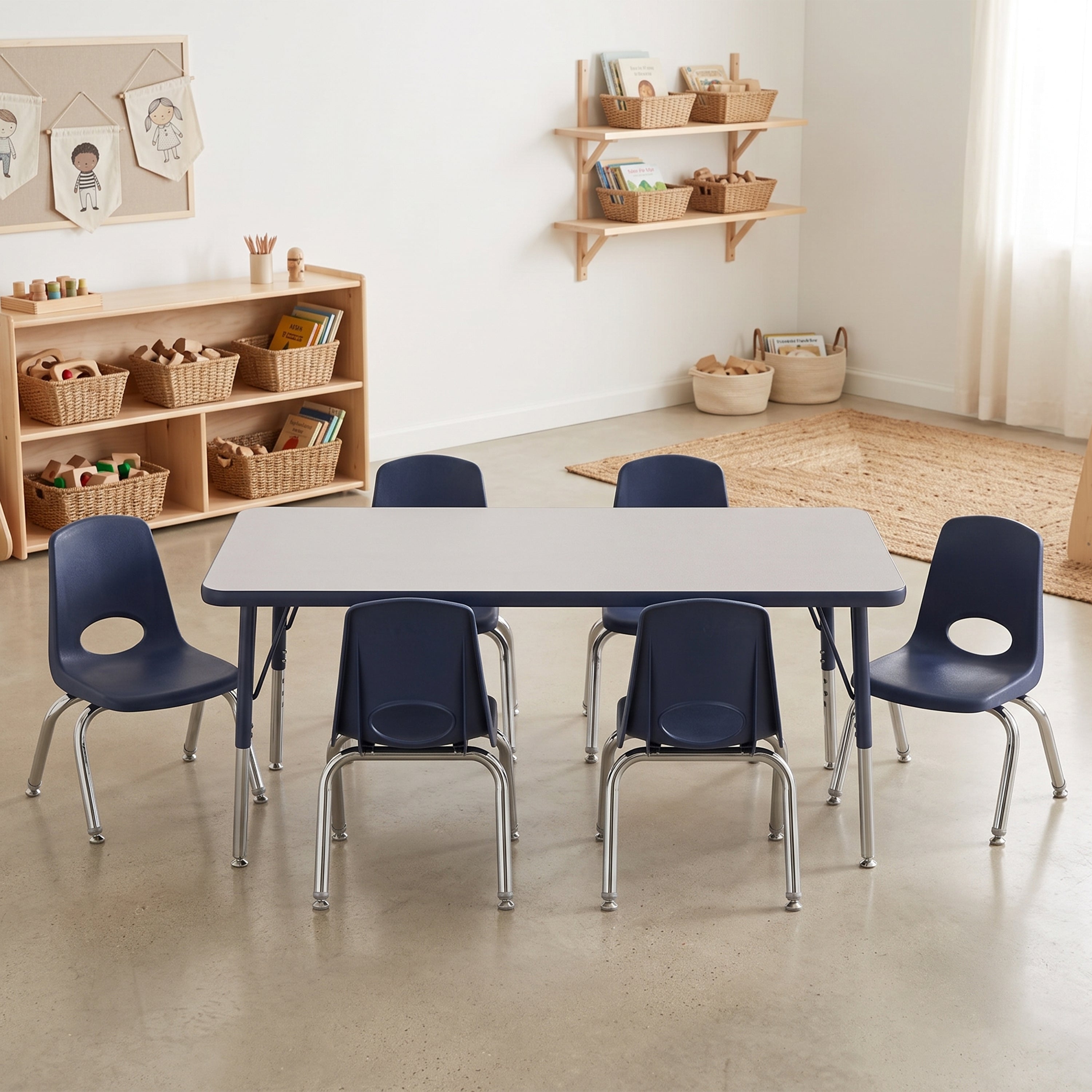 A children's table and chair set in a bright, modern classroom. The set includes a rectangular table with a light gray top and dark blue legs, surrounded by six matching chairs with dark blue seats and backs and silver metal legs.