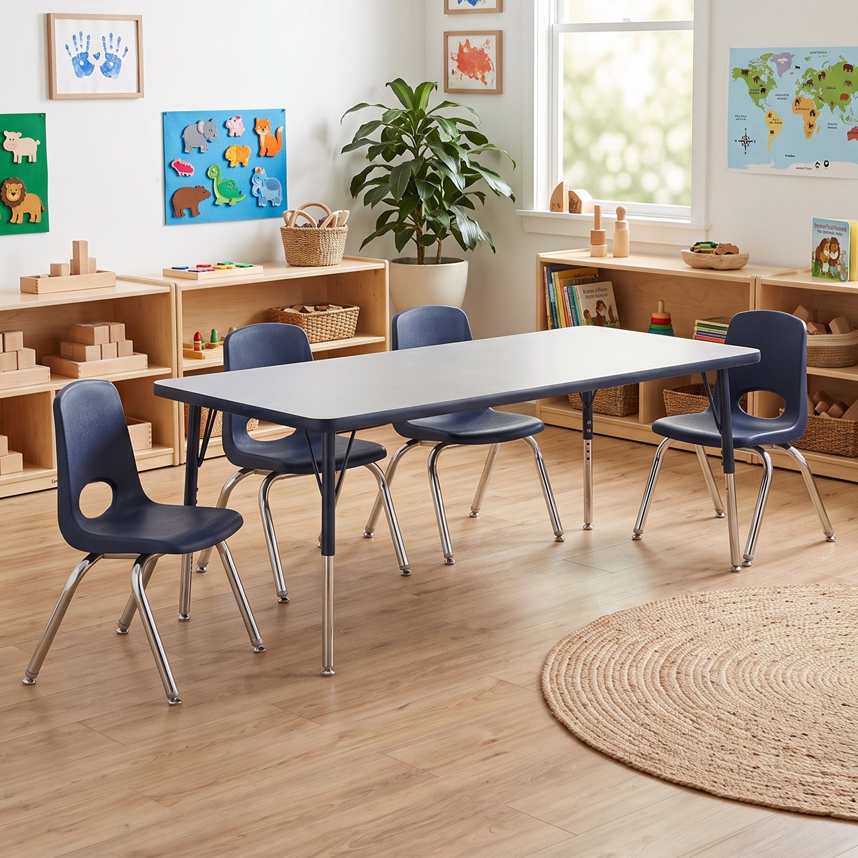 A classroom furniture set featuring a rectangular light gray table with six navy blue chairs that have silver metal legs, set in a bright, modern children's classroom with wooden shelves and toys.