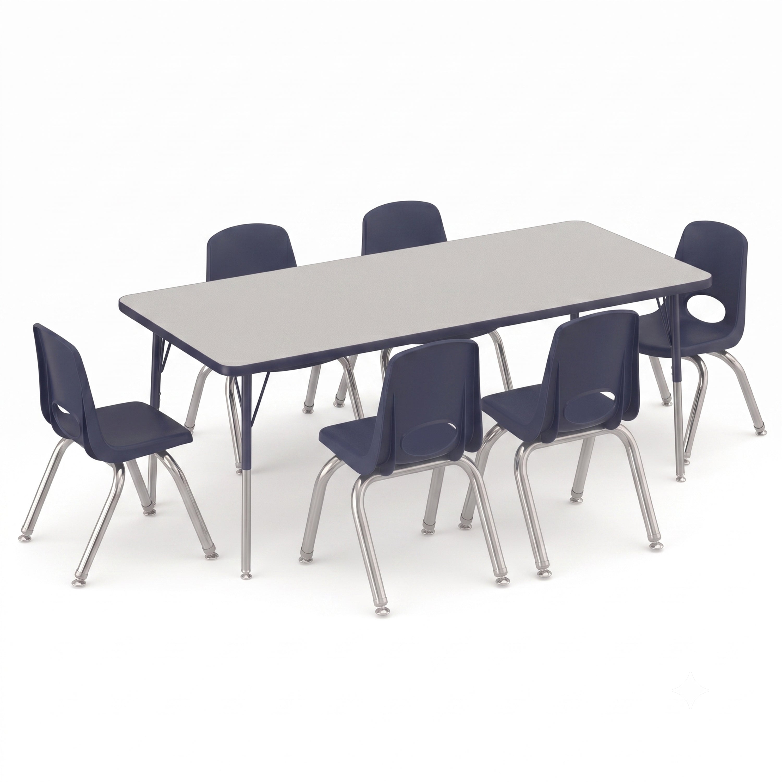 A classroom furniture set featuring a rectangular table with a gray top and chrome legs, surrounded by six navy blue chairs with matching navy backrests and silver metal legs, shown on a white background.