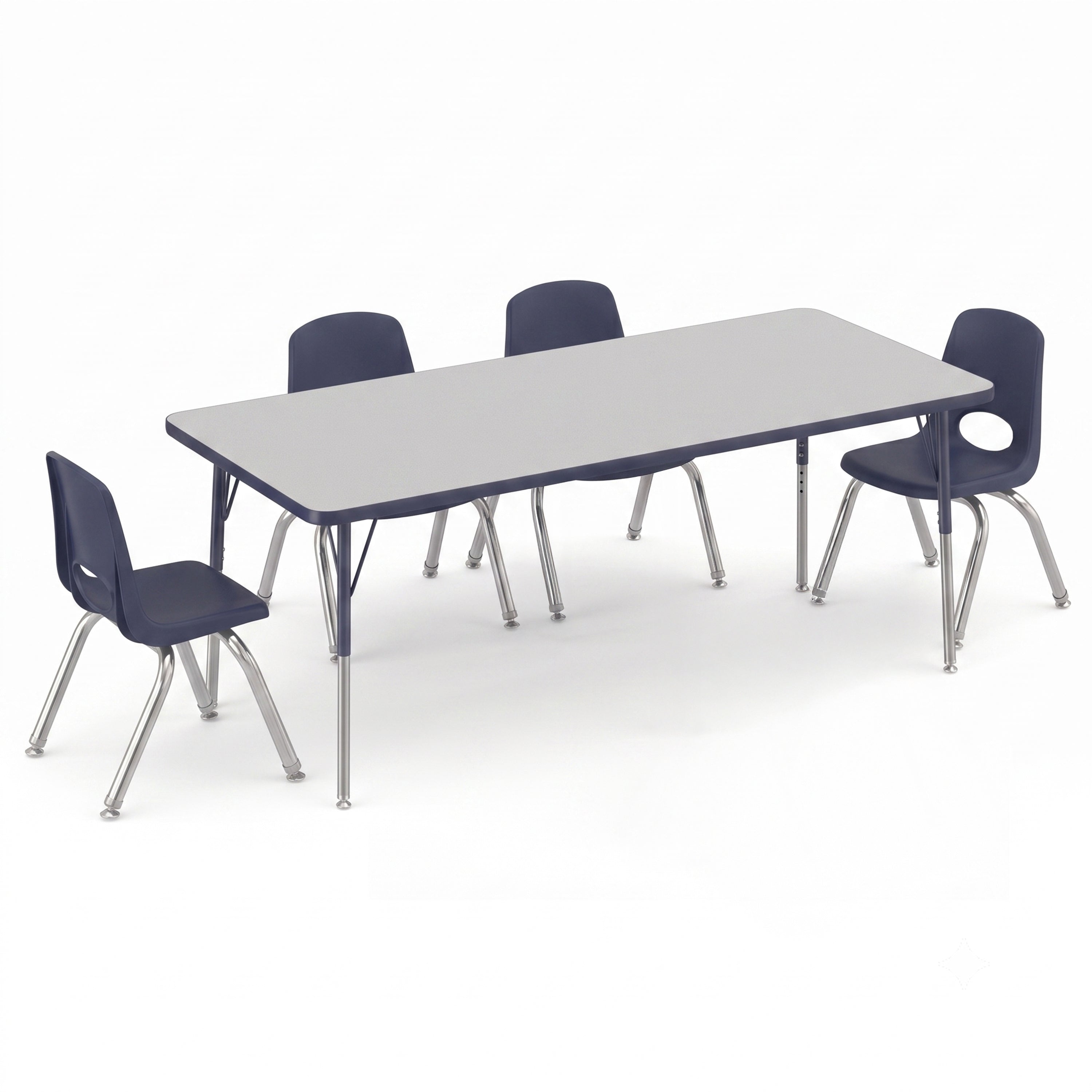A rectangular classroom table with a light gray top and dark blue chairs with chrome legs, shown on a white background.