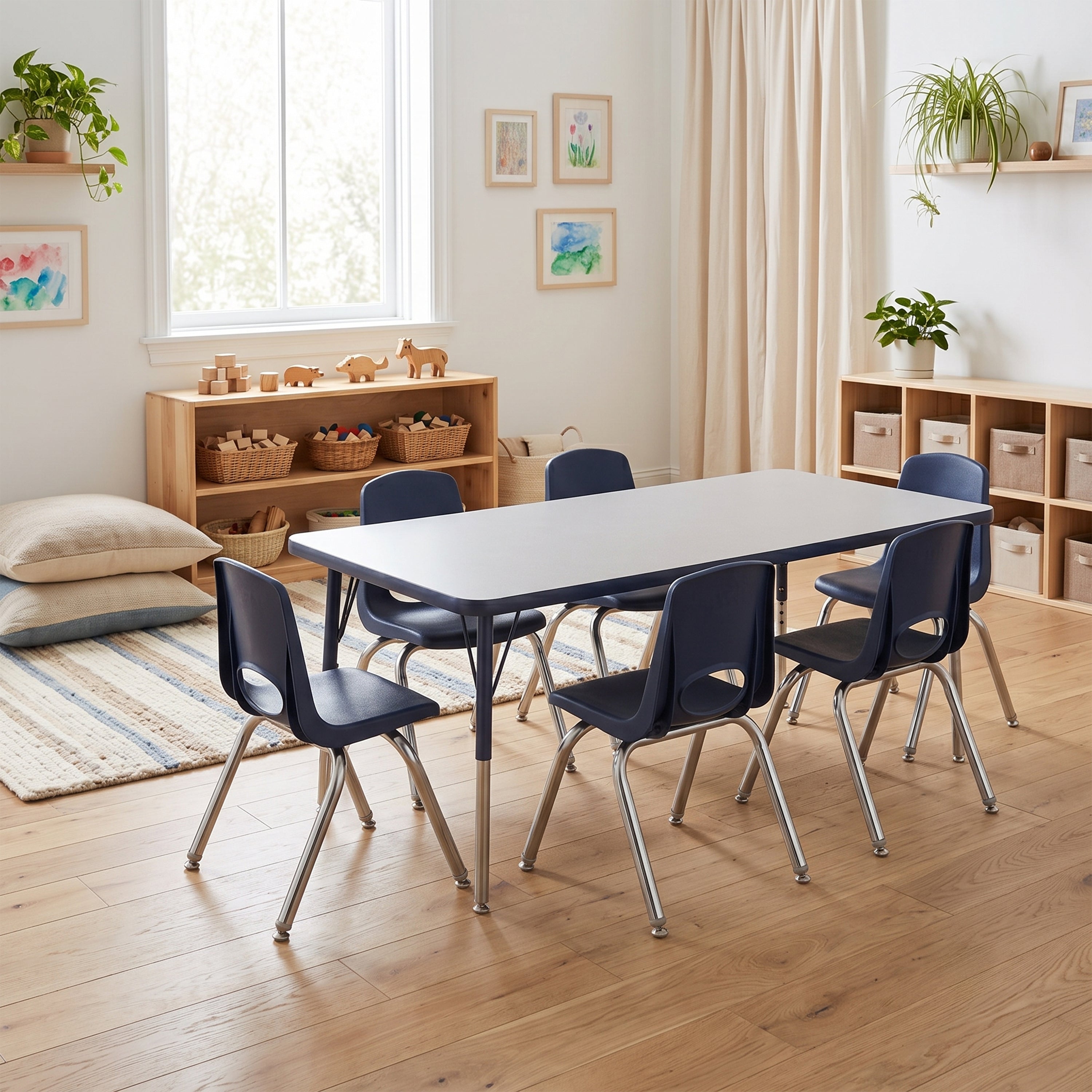 A rectangular classroom table with a white top and dark blue chairs, set in a bright, modern children's classroom with wooden floors, shelves, and plants.
