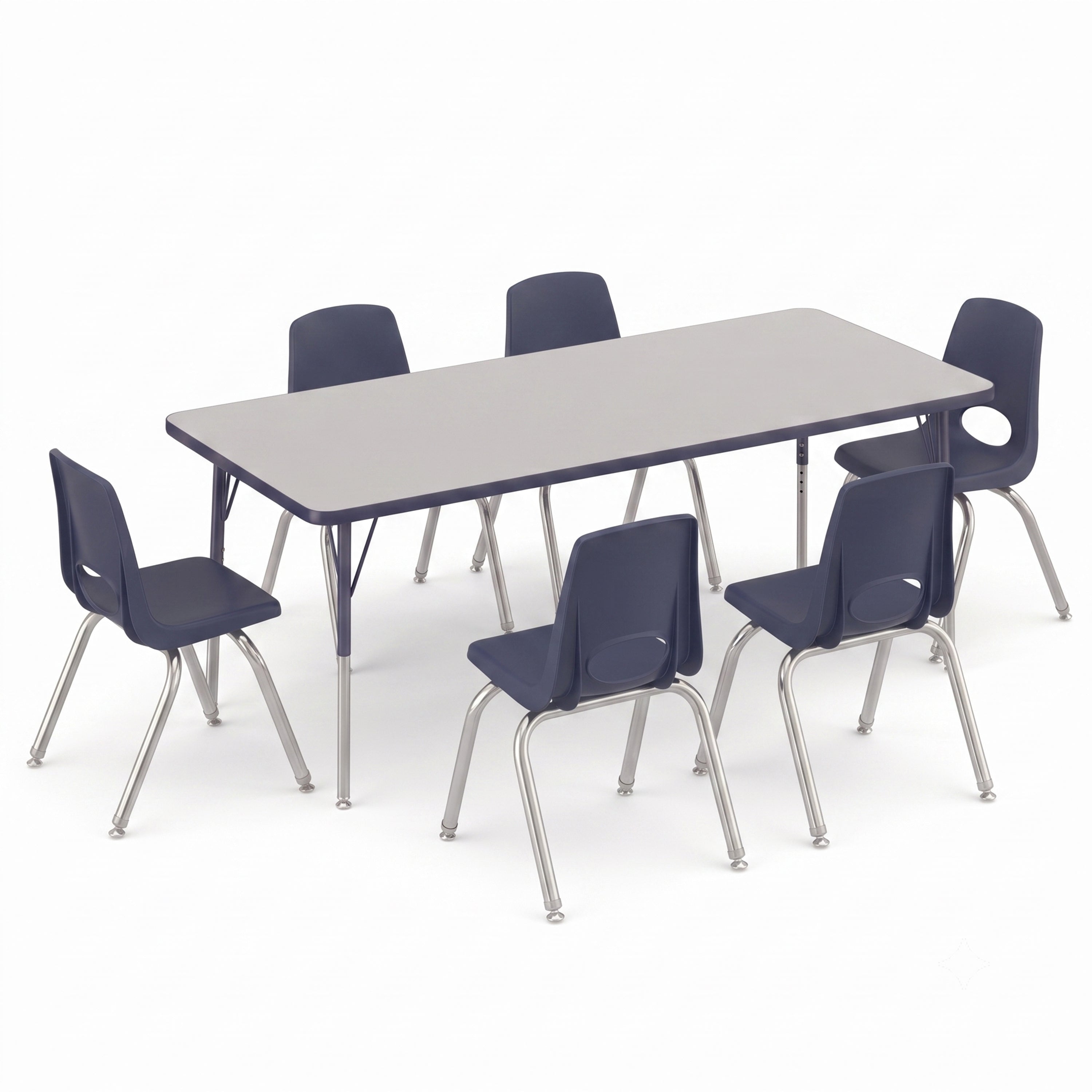A classroom furniture set featuring a rectangular table with a gray top and dark blue edges, surrounded by six matching chairs with dark blue seats and backs and chrome legs, shown on a white background.