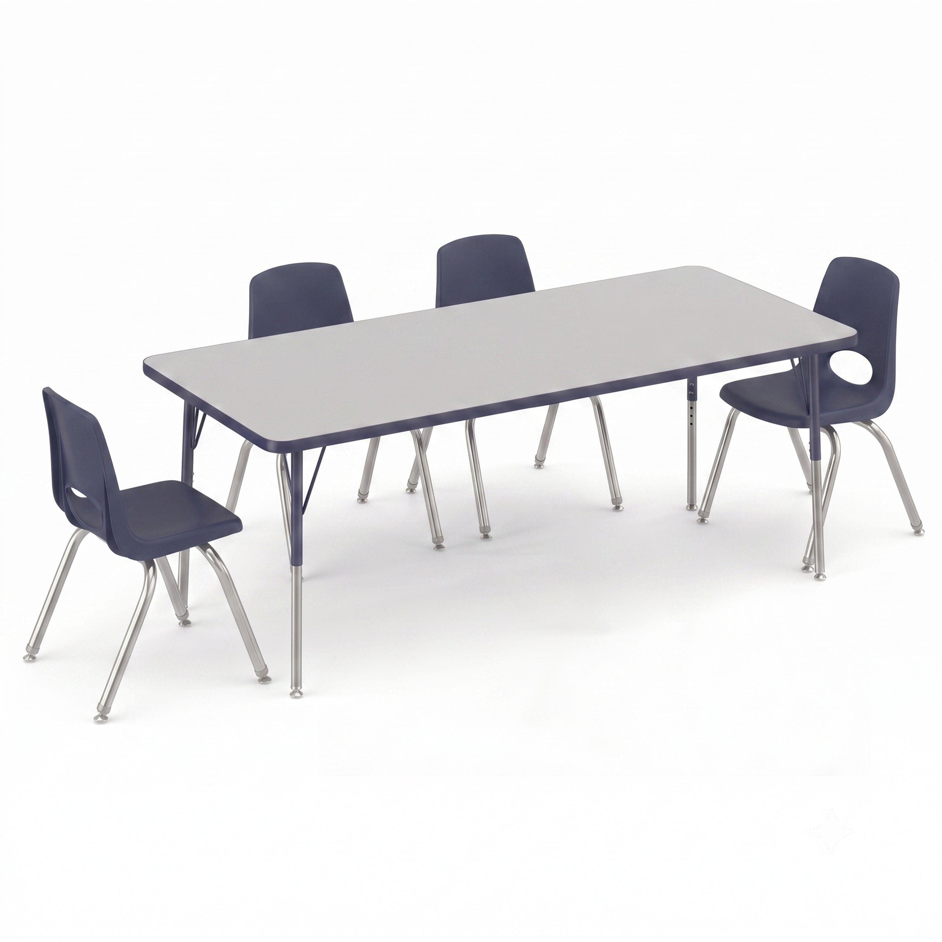 A rectangular classroom table with a light gray top and dark blue metal frame, surrounded by four matching dark blue chairs with silver metal legs, shown on a white background.