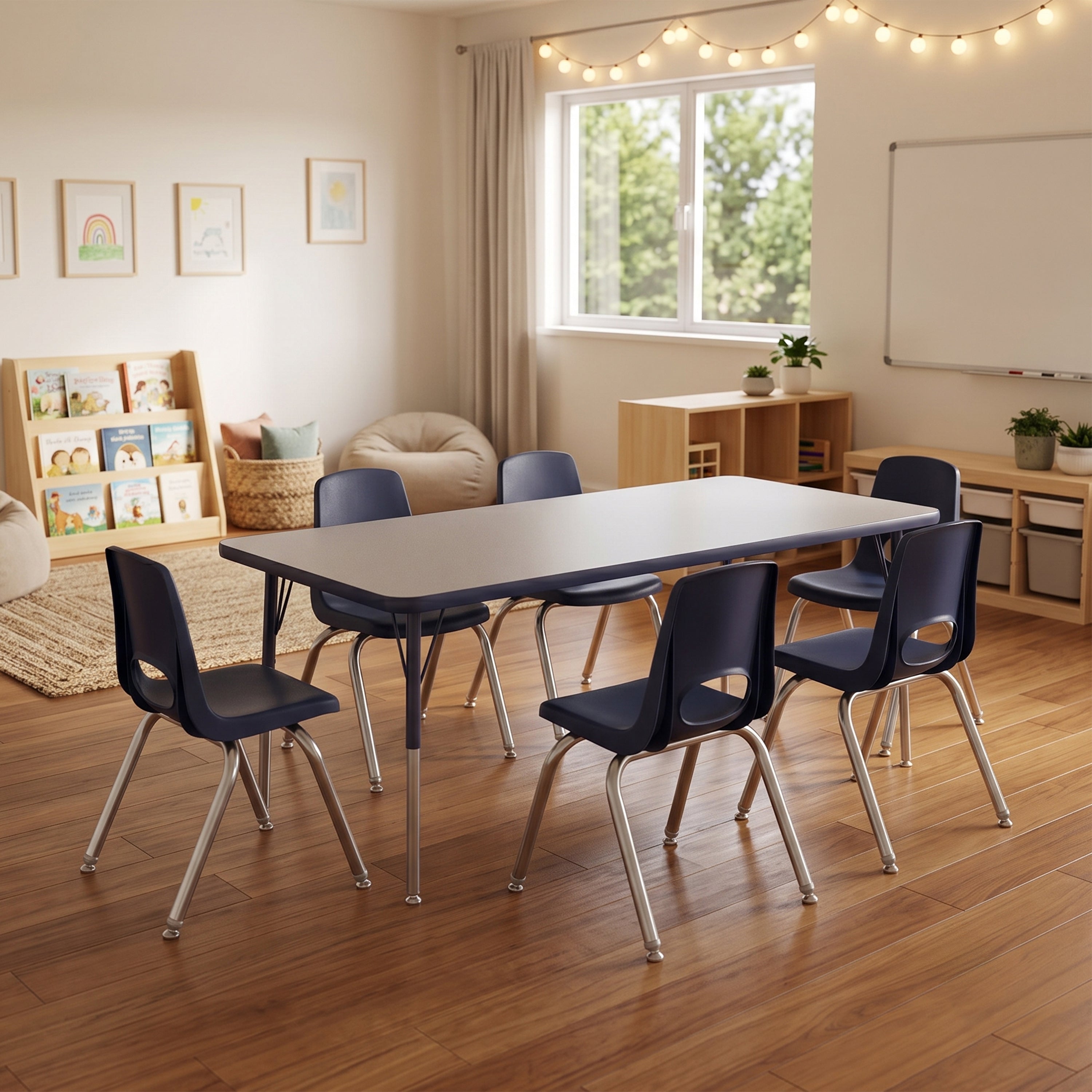 A classroom or meeting space with a rectangular table and six dark blue chairs with silver metal legs, set on a wood floor. The room has a window with string lights, a whiteboard, a bookshelf, and framed pictures on the wall.