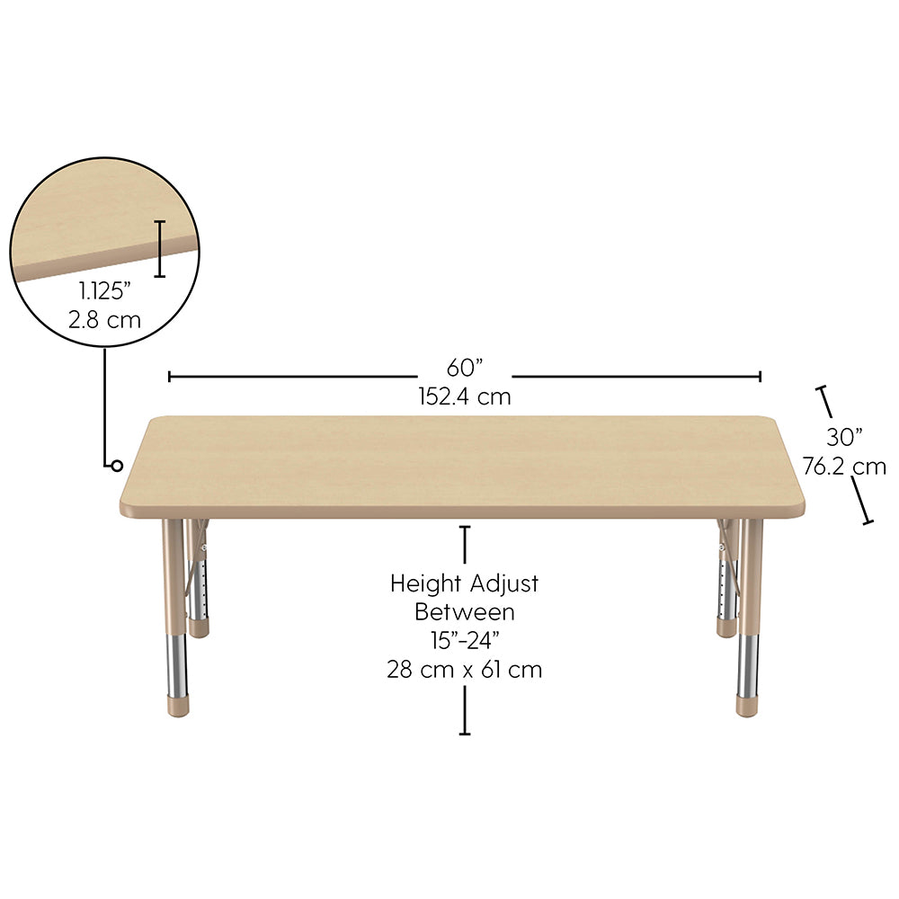 Measurement chart of a adjustable height table with dimensions labeled.
