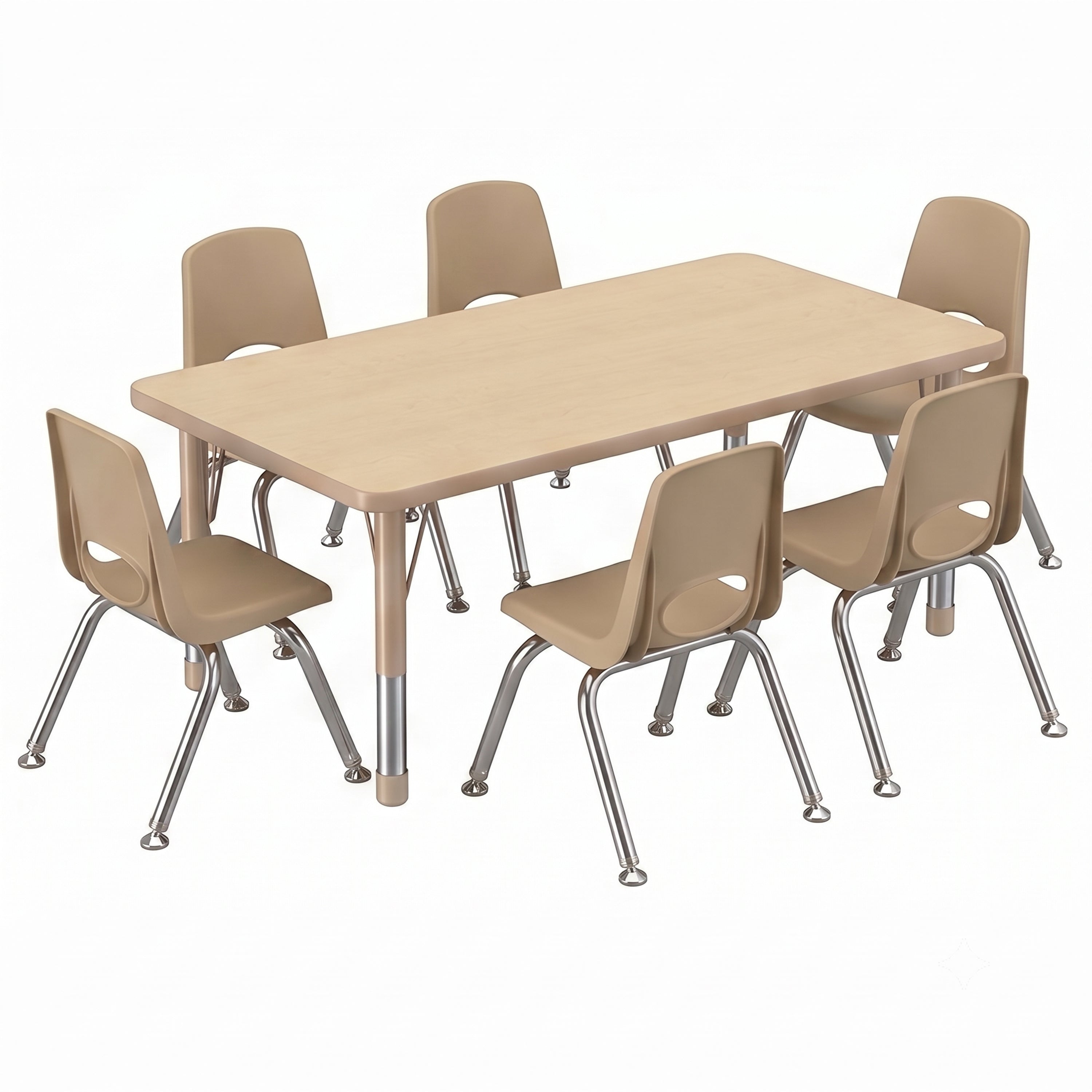 A children's classroom table set featuring a rectangular light wood table with silver metal legs, surrounded by six matching plastic chairs in beige with silver metal legs, shown on a white background.